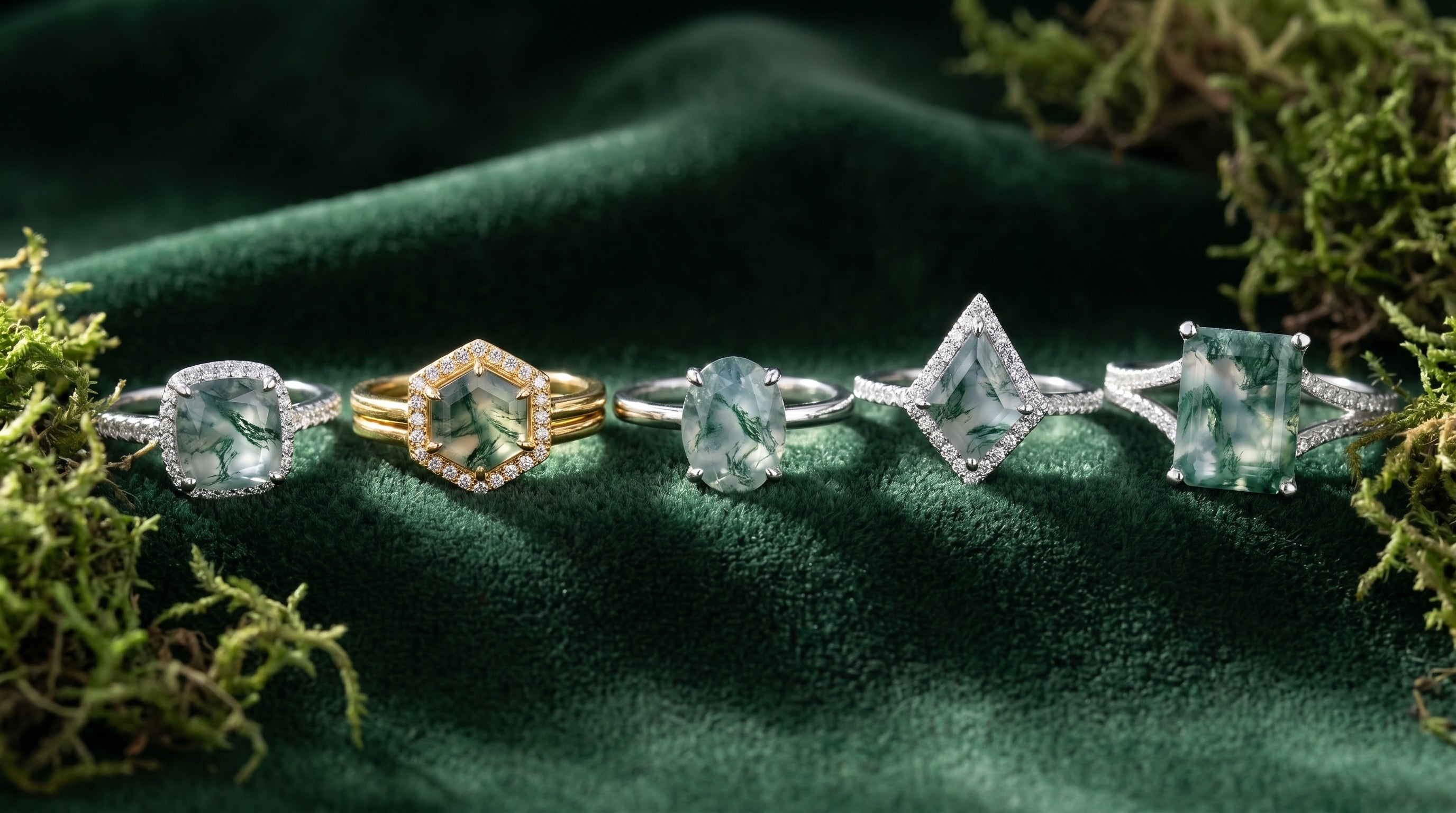 gold moss agate engagement ring - hero image