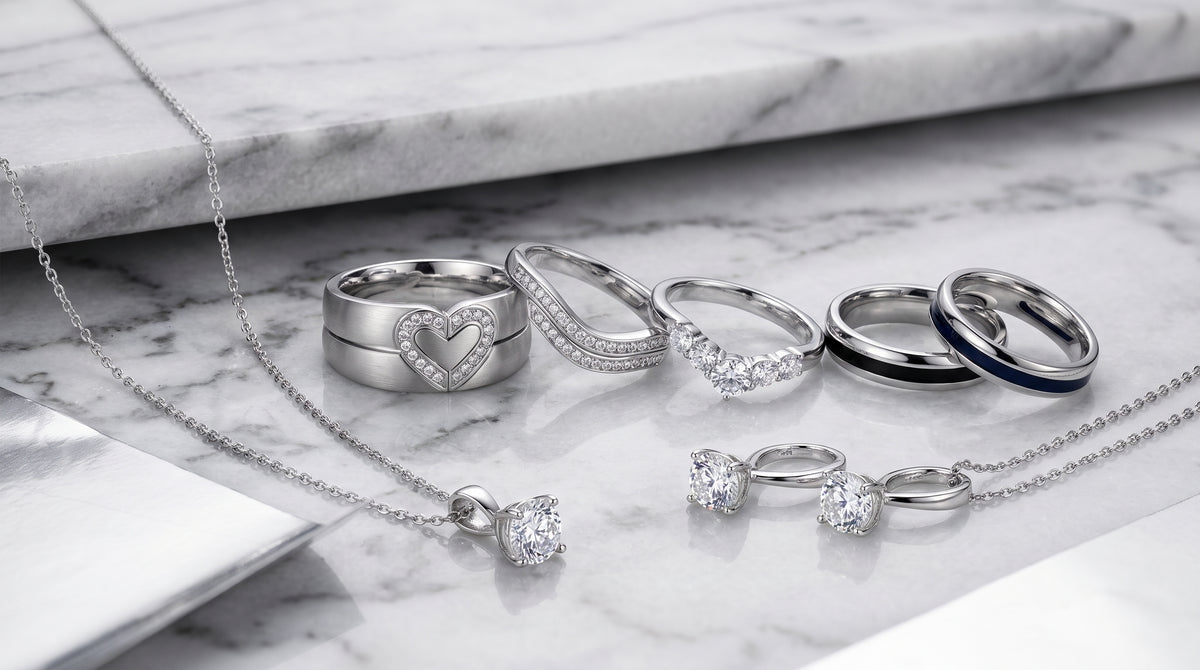 silver couples ring set editorial image