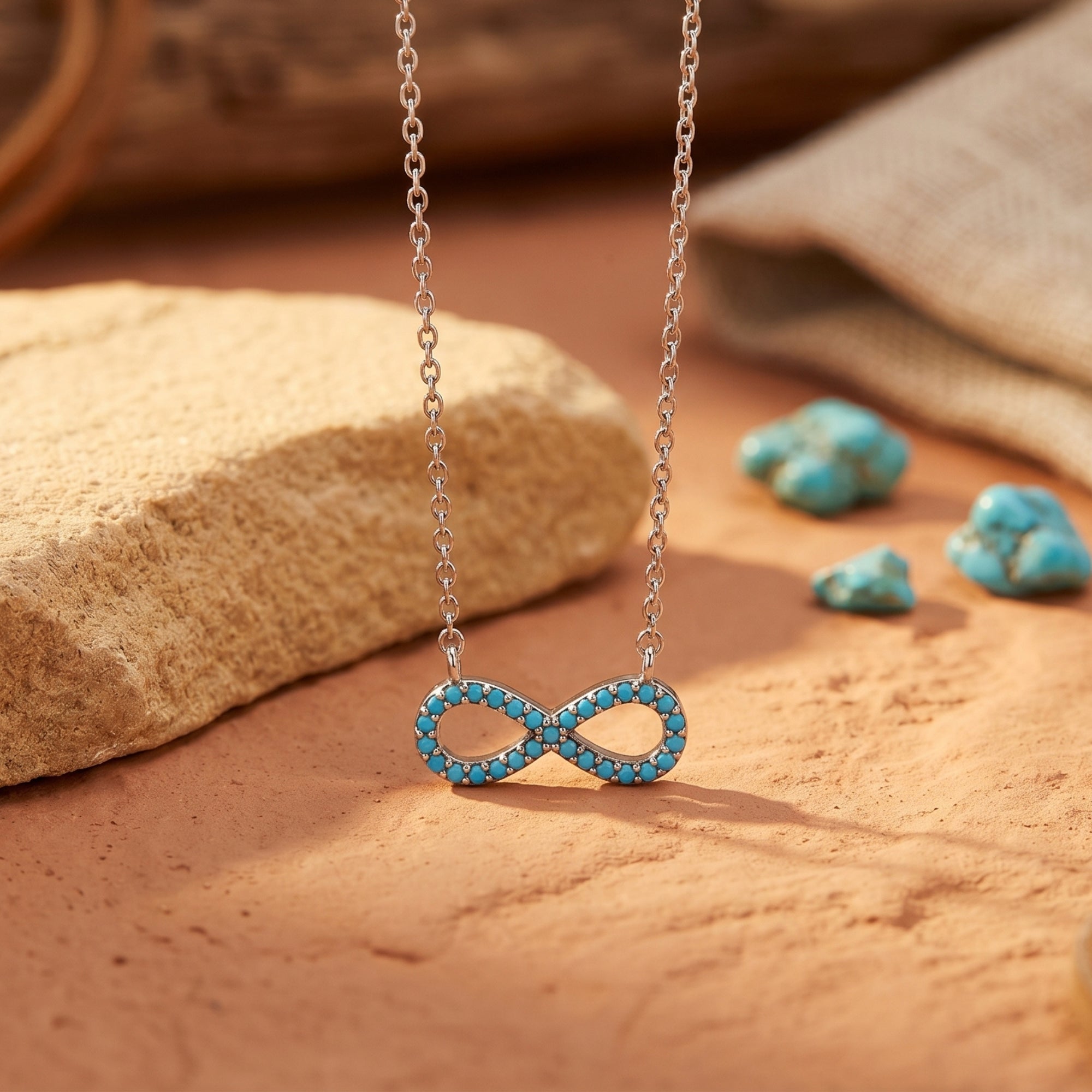 Silver infinity necklace with round turquoise stones on a desert-themed background with rocks and raw turquoise.