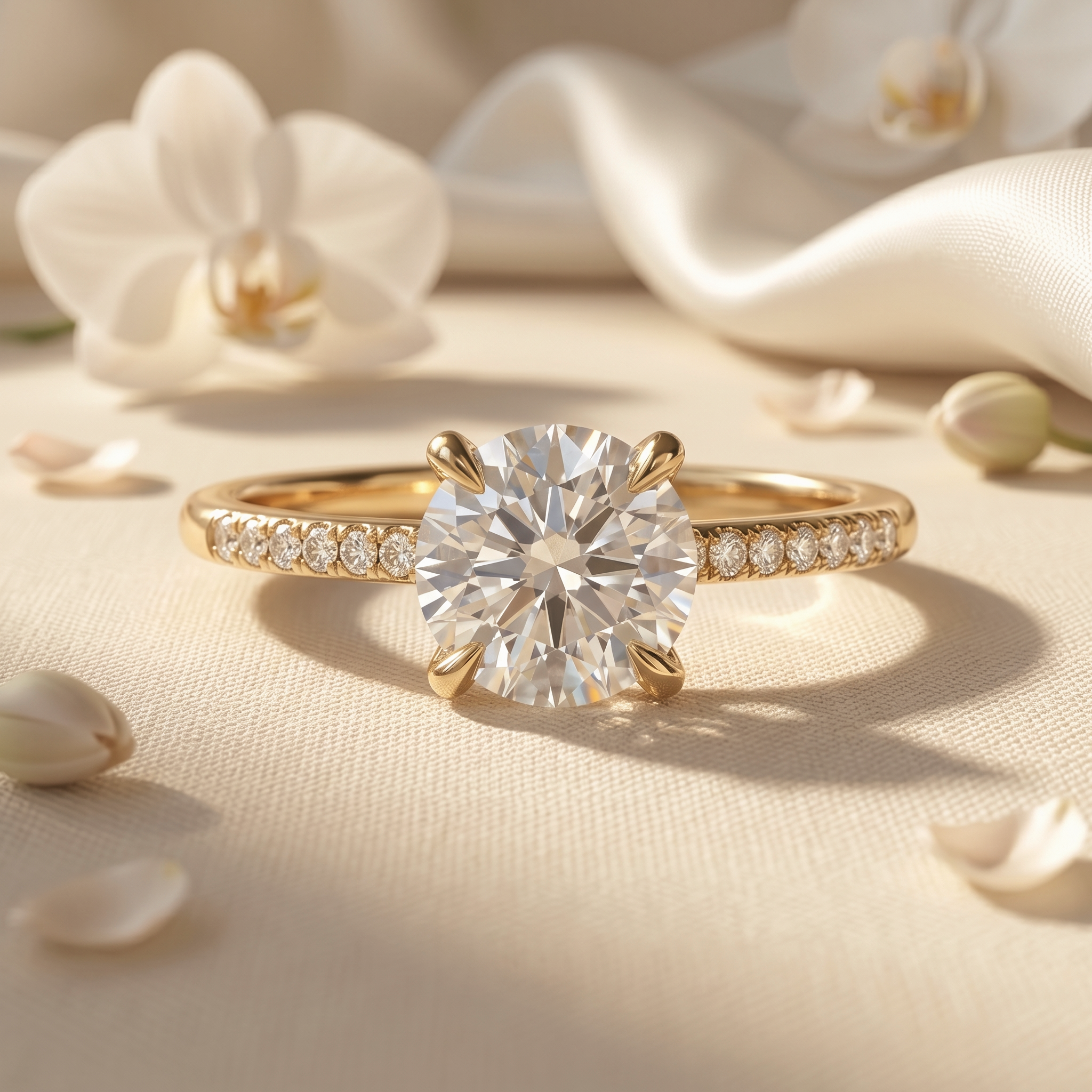 A stunning round-cut moissanite engagement ring with a yellow gold pave band, displayed elegantly on a cream silk surface with white orchids.