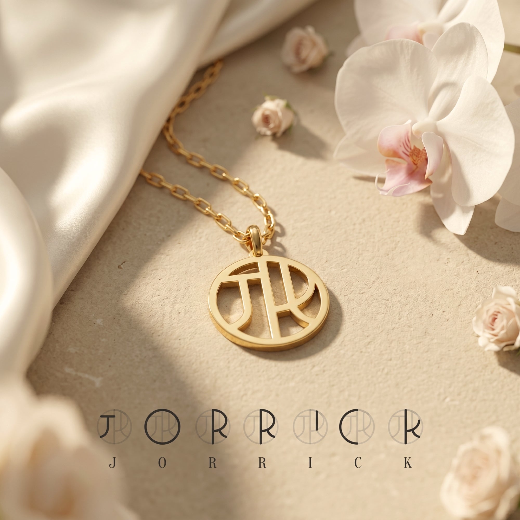 18K gold monogram pendant necklace on silk with white orchids.