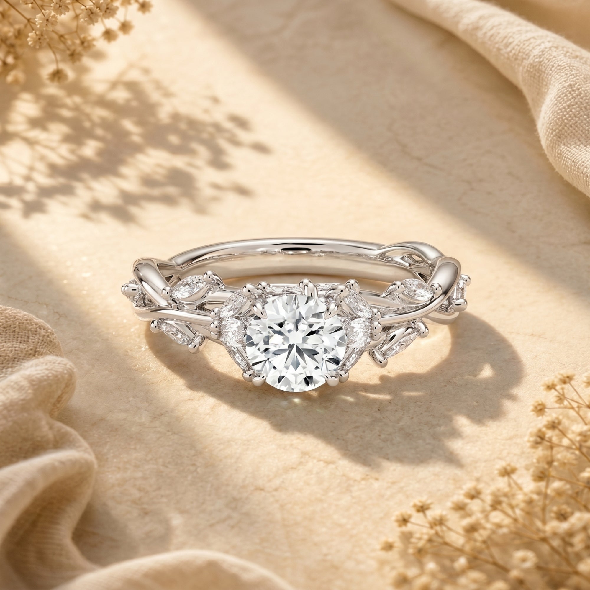 Front view of the Calyxta moissanite promise ring in S925 sterling silver with a vine-inspired band.
