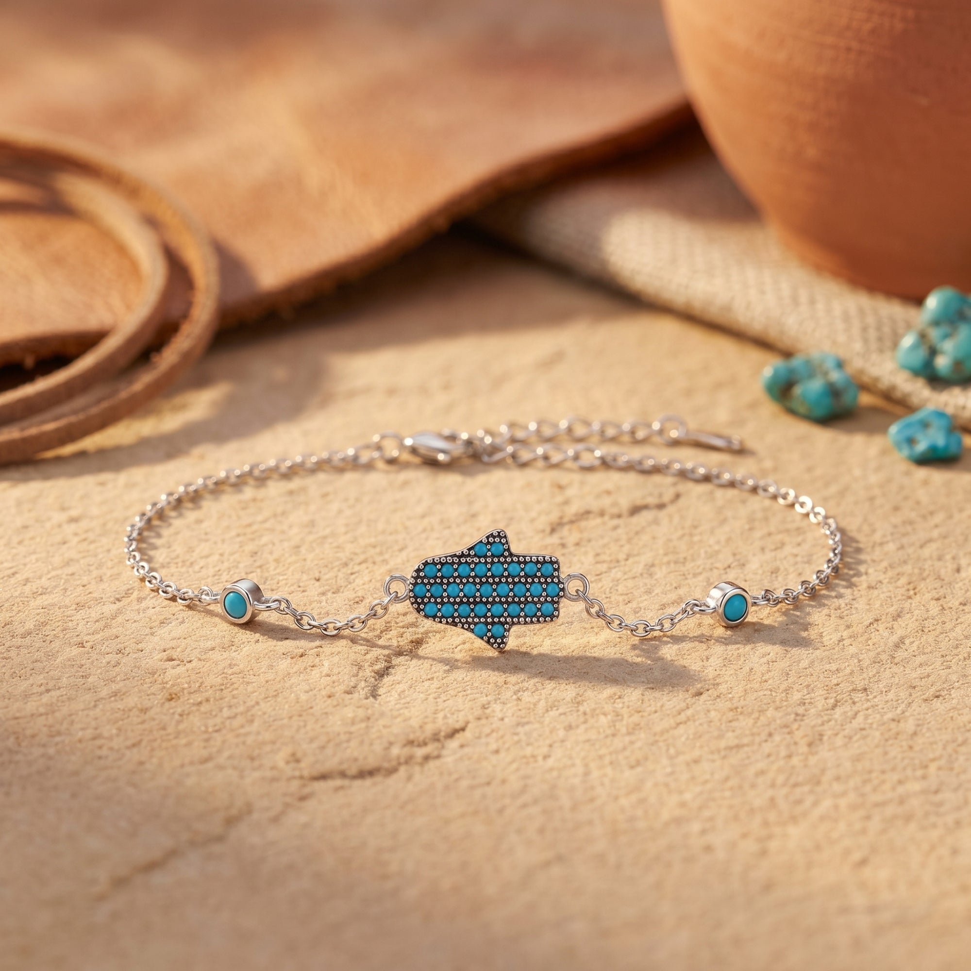 Silver Hamsa station bracelet with turquoise stones on a desert-inspired sandy background.
