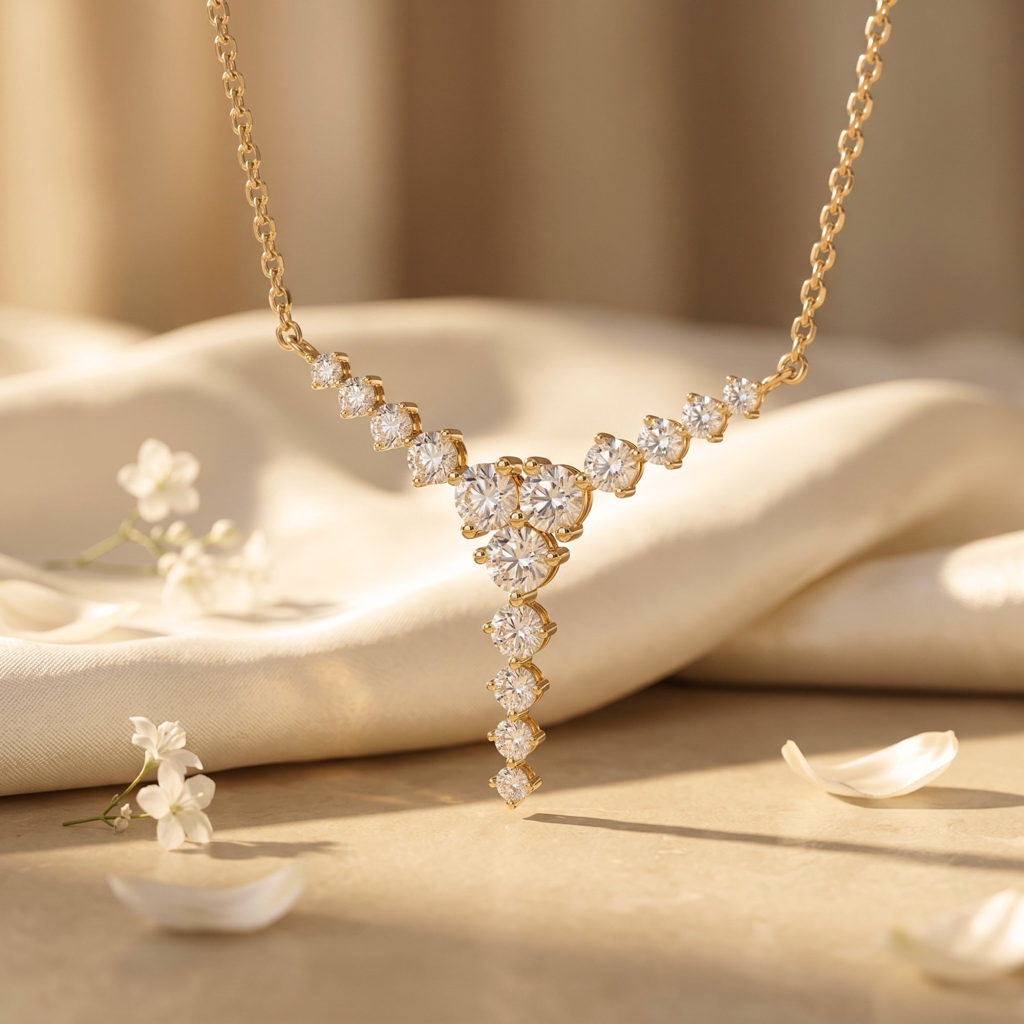 Gold moissanite drop necklace with round stones on draped fabric.