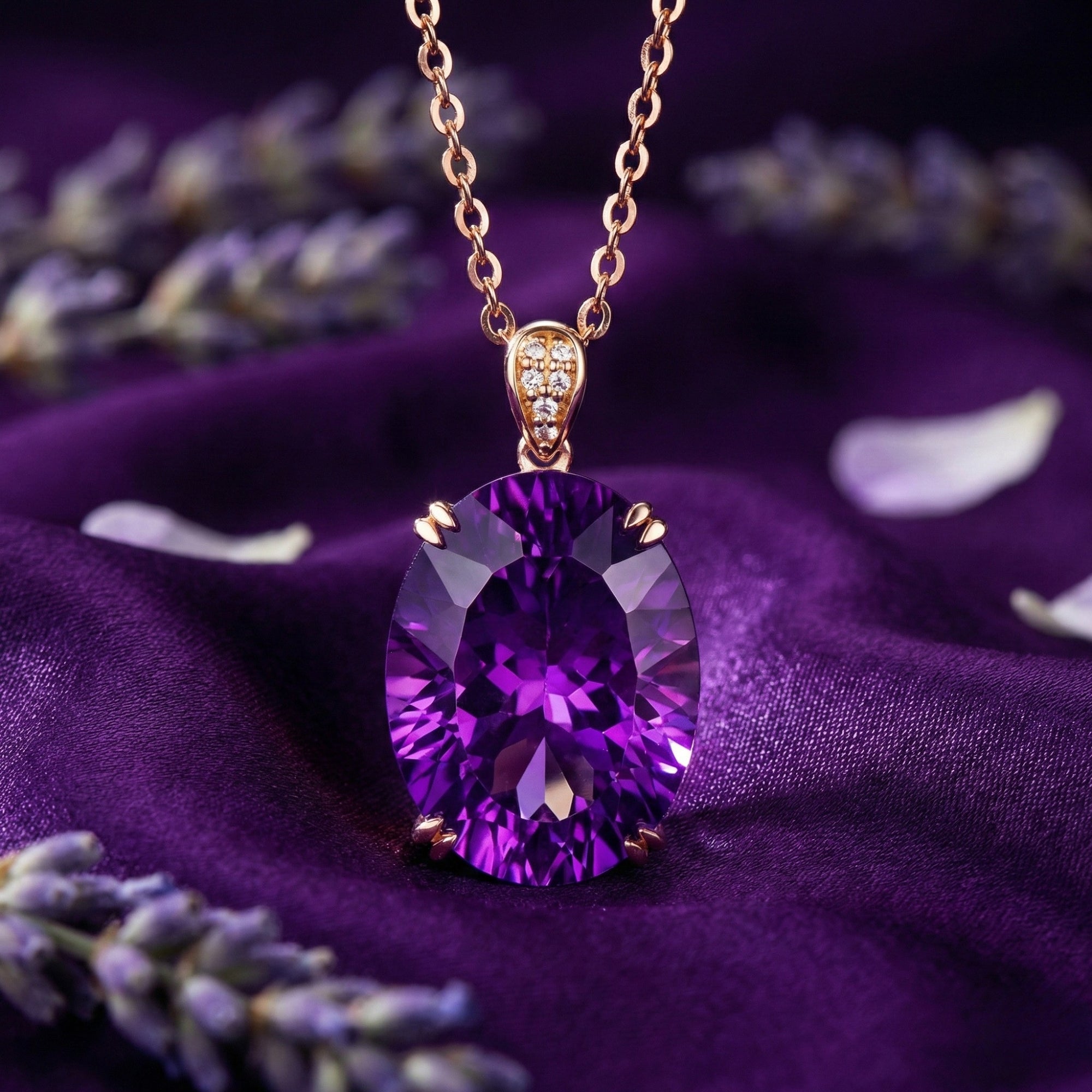 Oval cut natural amethyst pendant in 18k rose gold on a purple silk background with lavender sprigs.