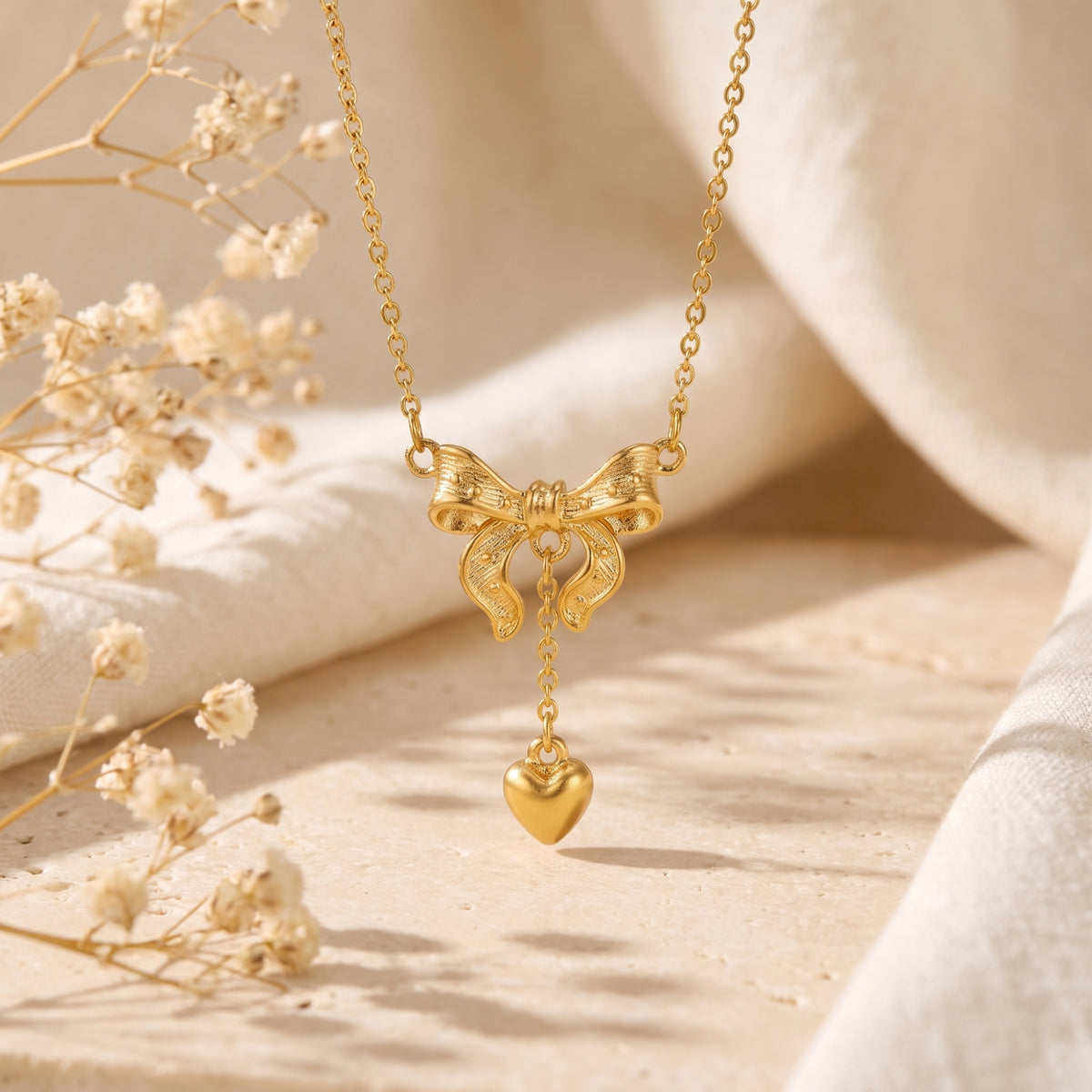 Gold-tone necklace with a textured bow pendant and dangling heart charm, photographed against soft fabric and dried flowers.