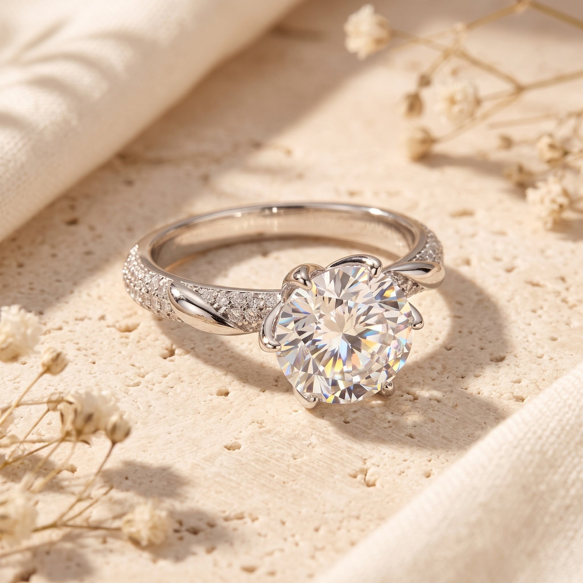 Neridelle silver twist solitaire ring with round simulated diamond on stone lifestyle background.