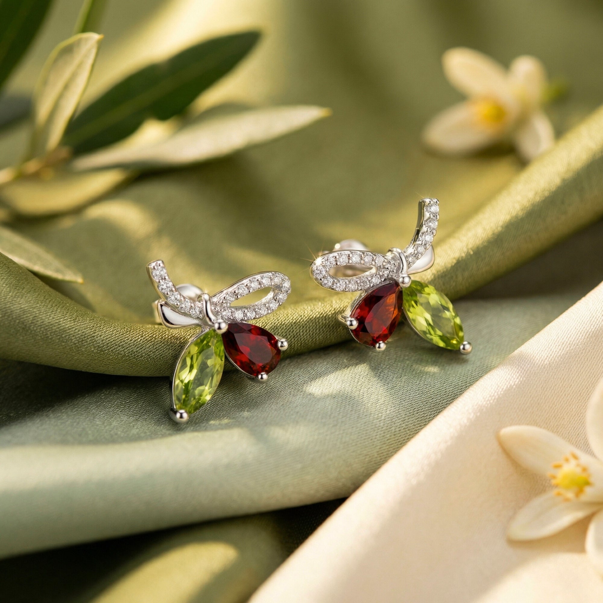 Giselle Marquise sterling silver bow earrings with marquise peridot and red gems on green silk with white flowers.