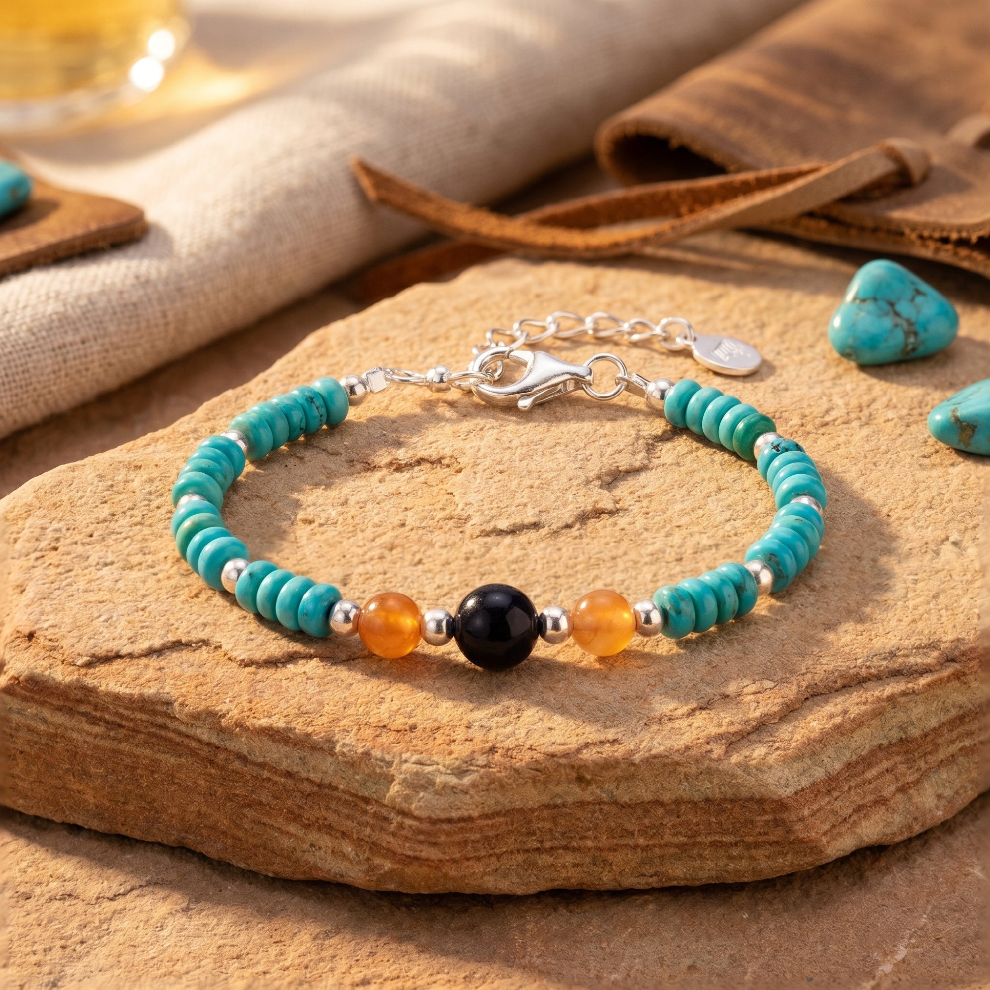Navajo-style turquoise, carnelian, and onyx bead bracelet with silver clasp on a desert stone background.