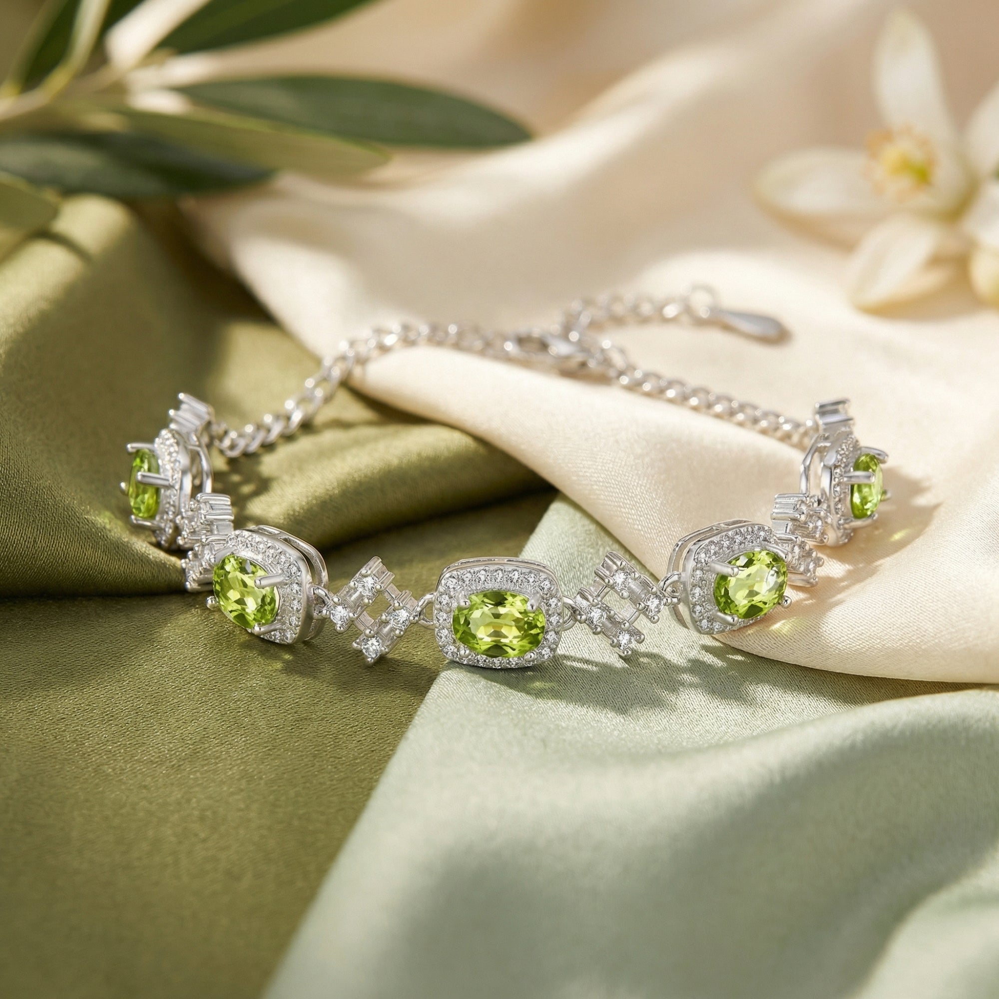 Oval cut peridot station bracelet in S925 sterling silver on draped green fabric with olive leaves.