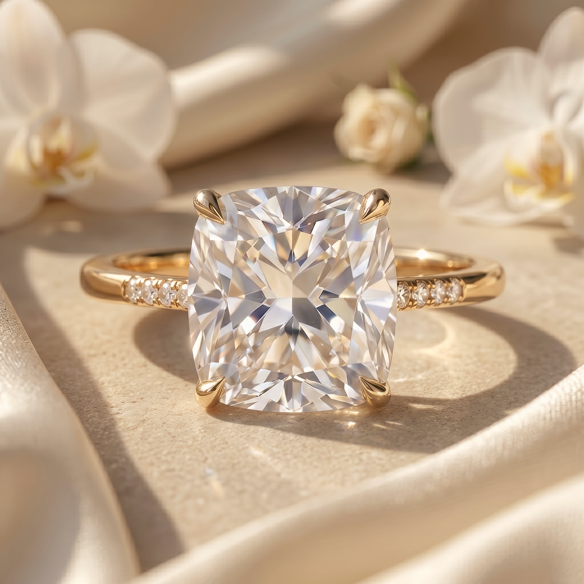 A cushion-cut moissanite engagement ring in yellow gold with a diamond-accented band, shown flat-lay on a cream satin background.