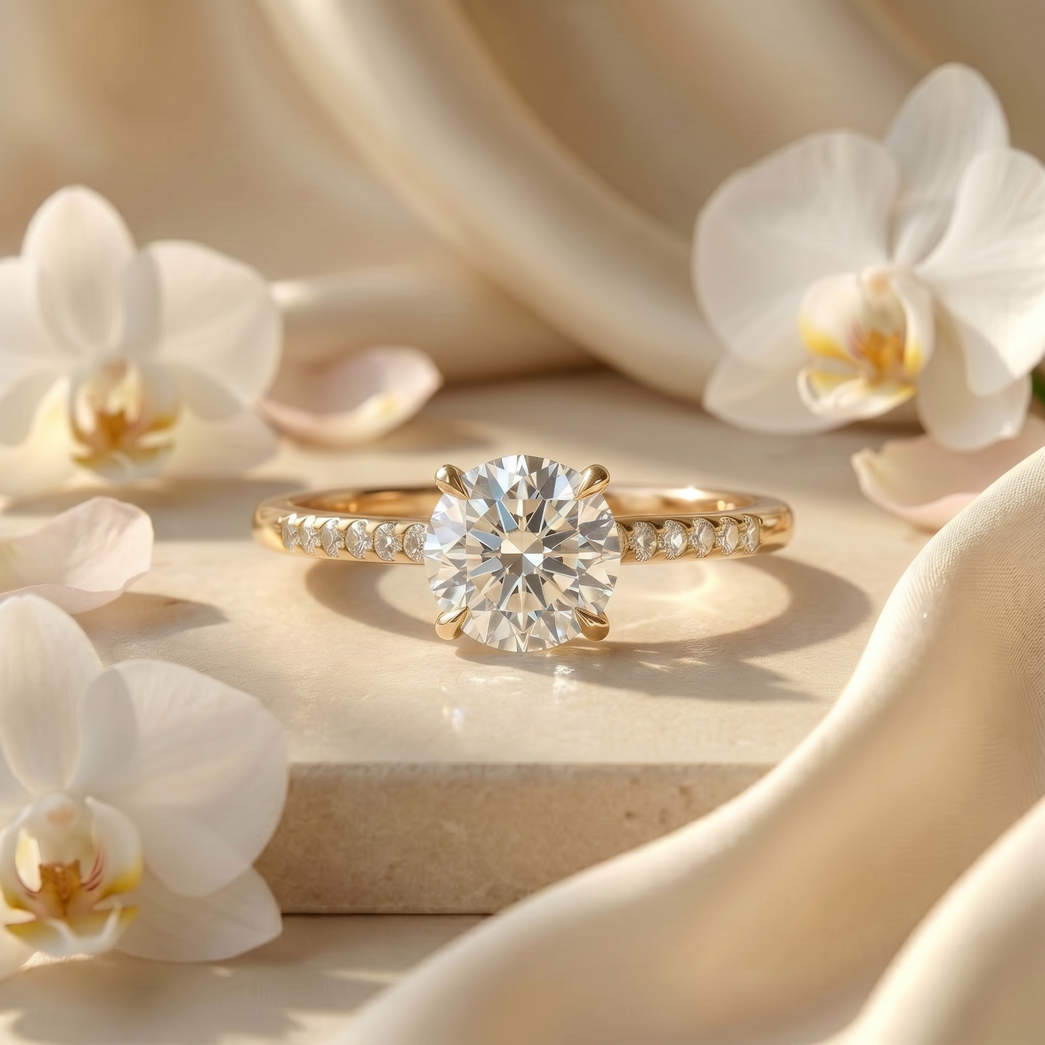 A brilliant round-cut moissanite engagement ring on a yellow gold paved band, elegantly styled on a stone pedestal with white orchids.