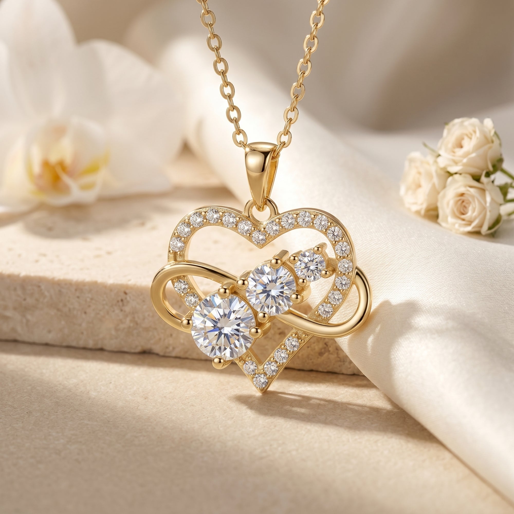 Aureliette moissanite heart infinity pendant necklace in gold, featuring three round moissanite stones in a floral setting.
