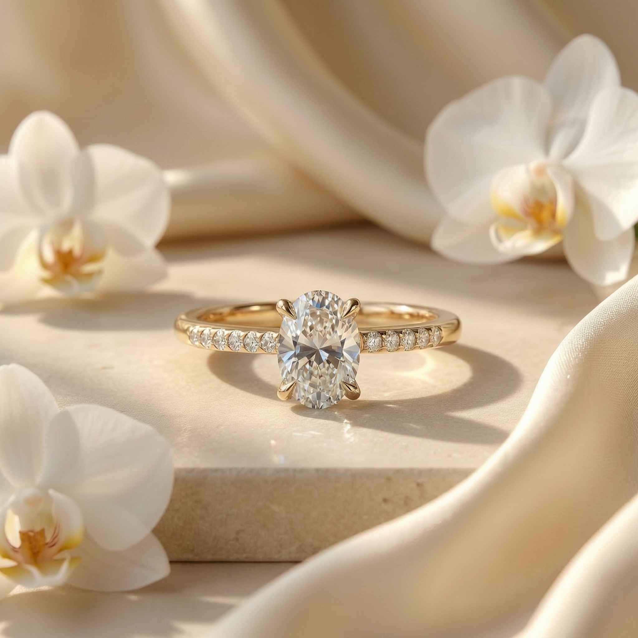 An elegant oval-cut moissanite engagement ring in yellow gold with a pavé diamond band, displayed on a cream stone surface with white orchids.