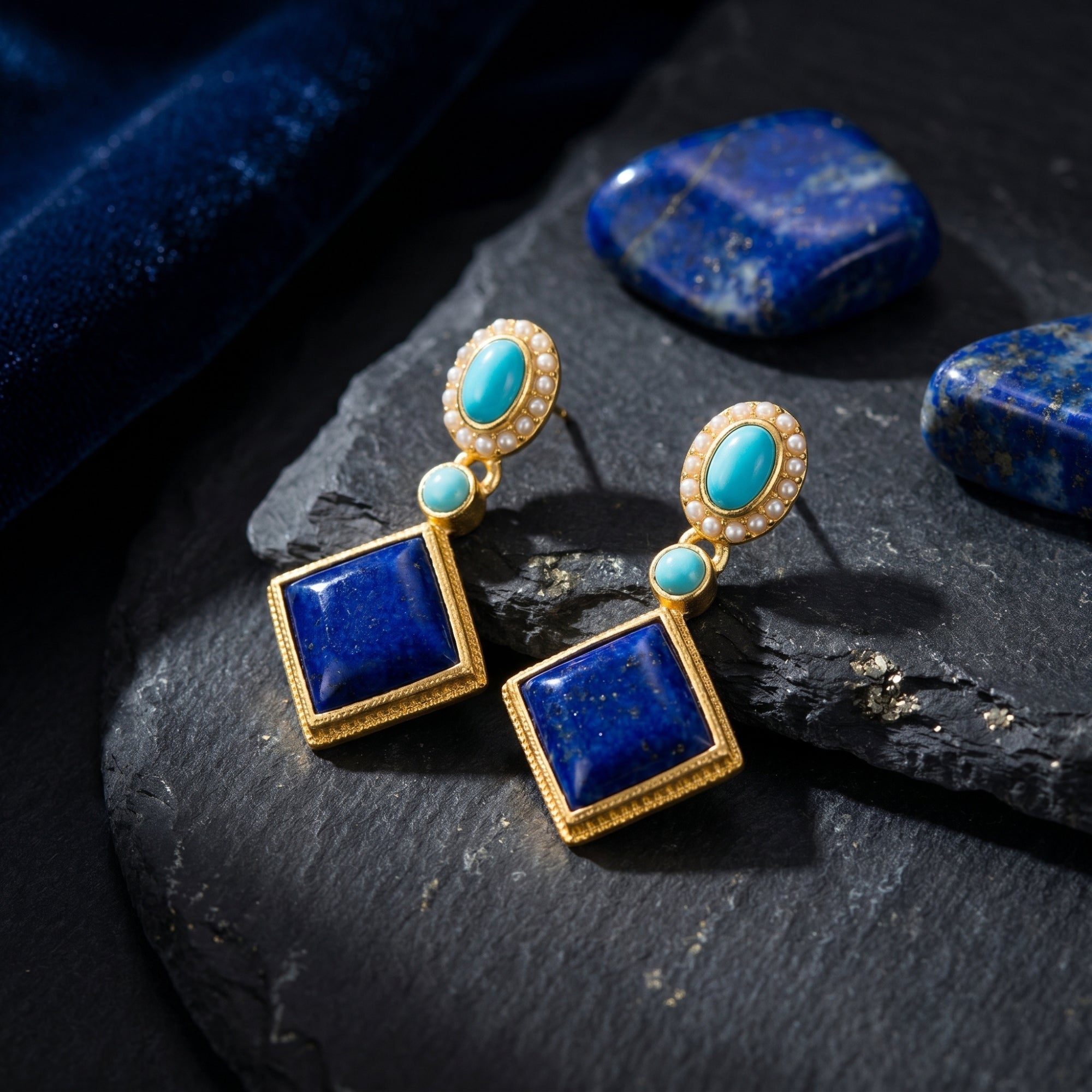 Gold plated rhombus lapis earrings with turquoise and pearls on a dark slate background with blue velvet.