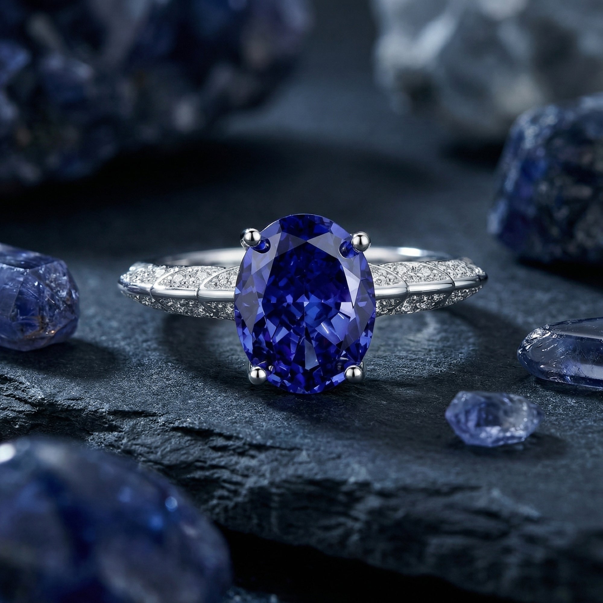 Oval cut natural tanzanite ring in 925 sterling silver on a dark stone background with raw gemstones.
