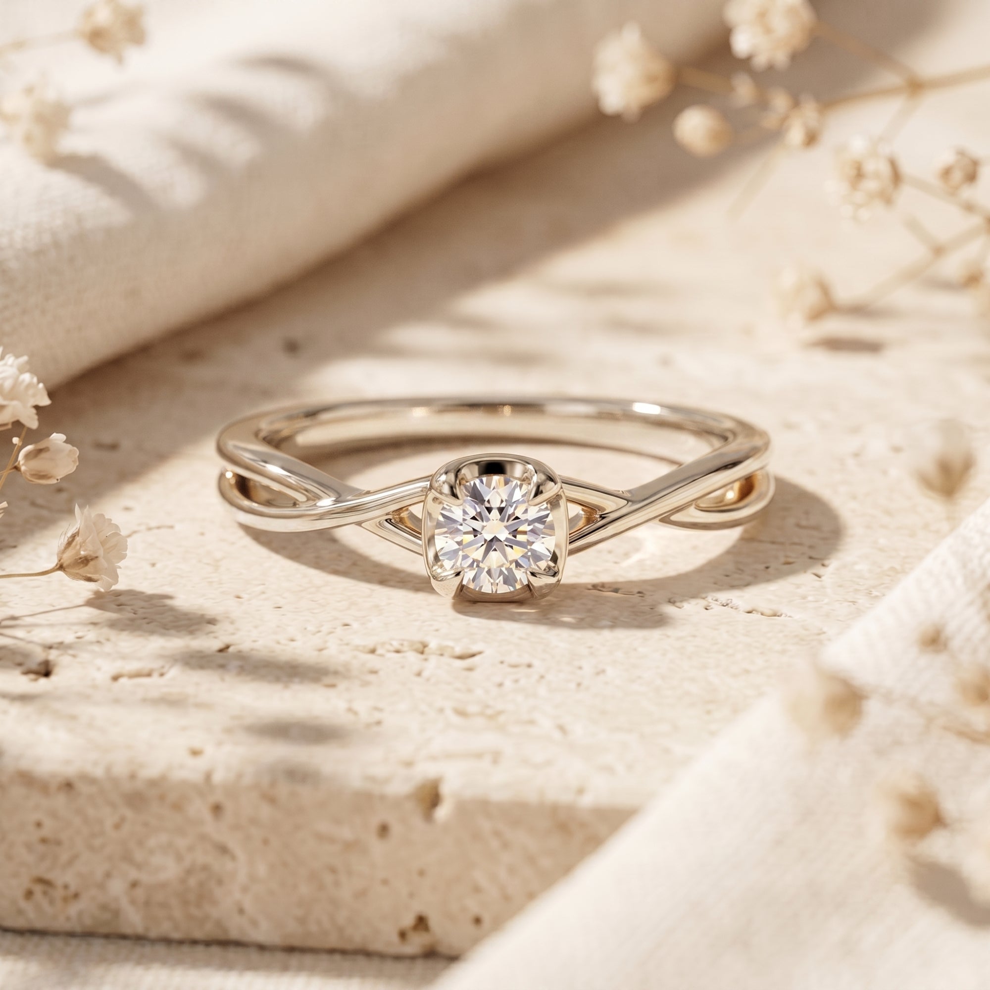 S925 sterling silver promise ring with a 1ct round cut moissanite on a stone surface with dried flowers.