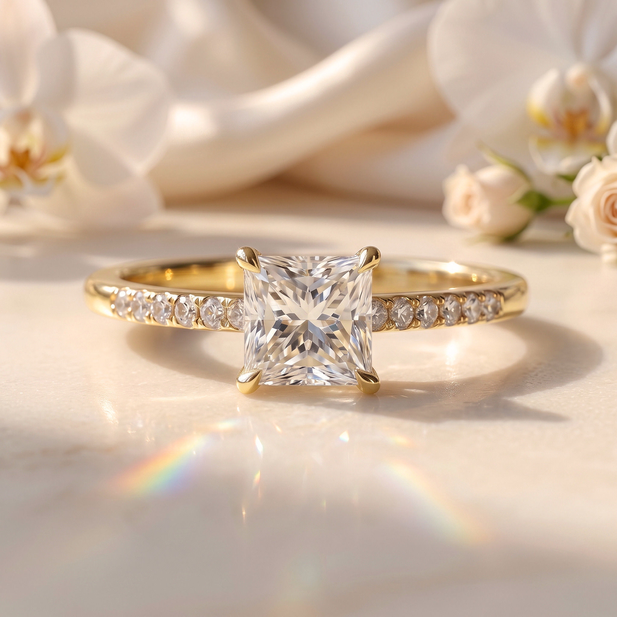 A stunning princess cut moissanite engagement ring in yellow gold featuring a brilliant pavé diamond band.