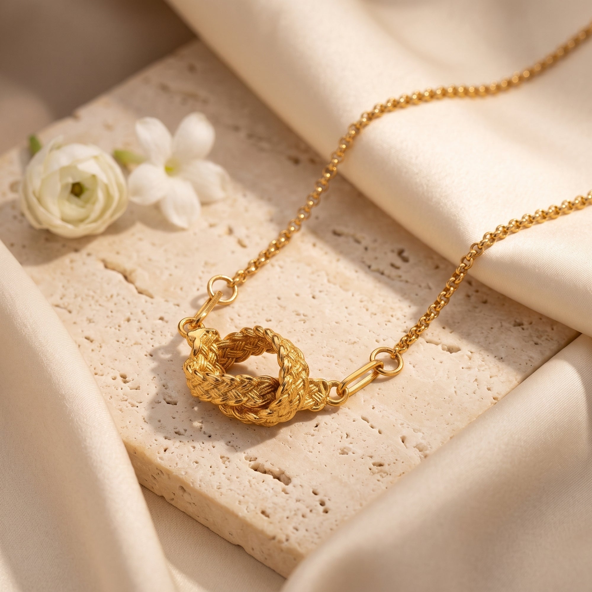 Gold braided knot necklace on stone with white flowers and silk.