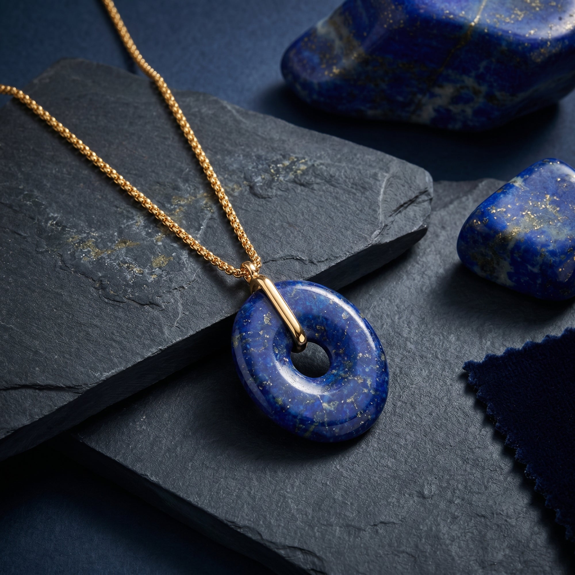 Gold plated stainless steel necklace with an oval donut-cut natural lapis lazuli pendant on dark stone.