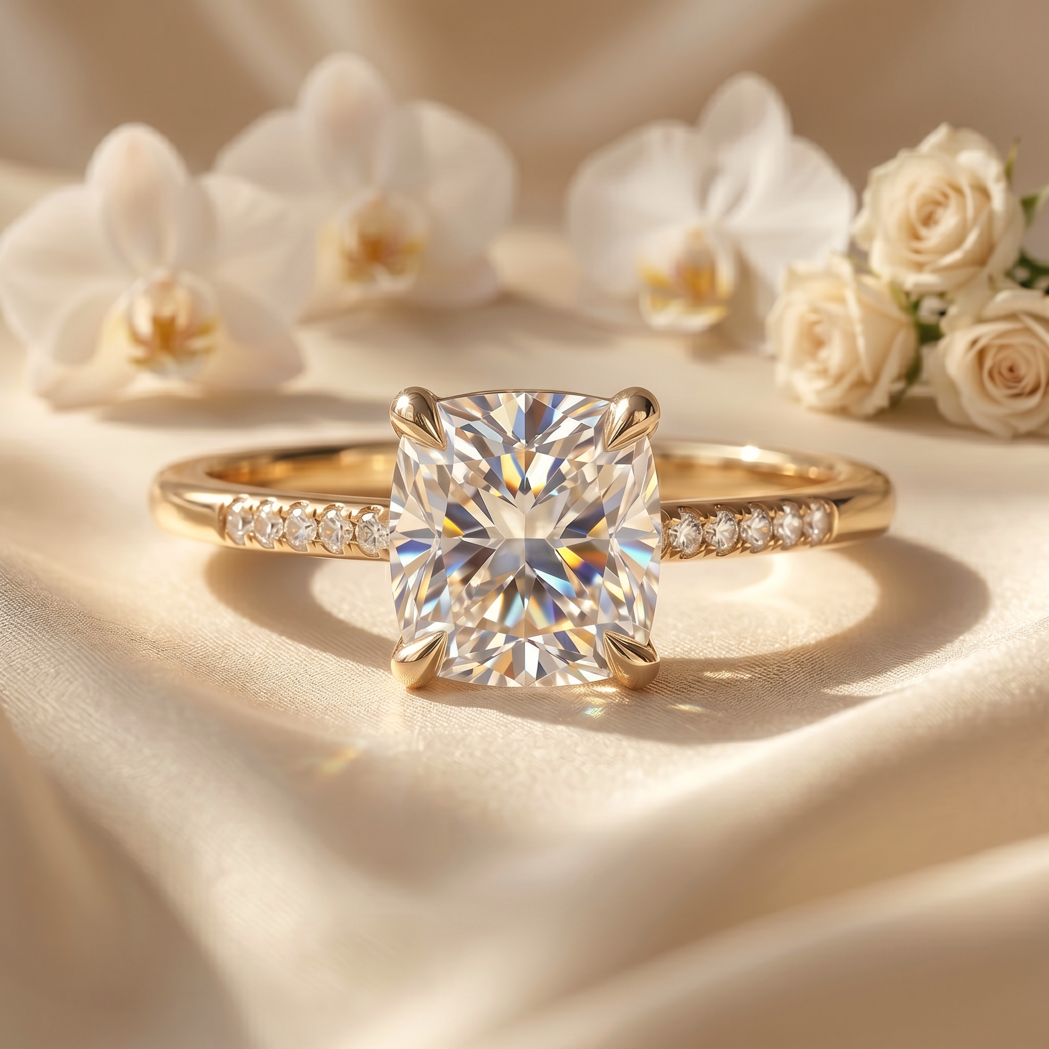 A yellow gold cushion-cut moissanite engagement ring with a diamond-accented band, elegantly placed on a satin cloth with white orchids and roses.