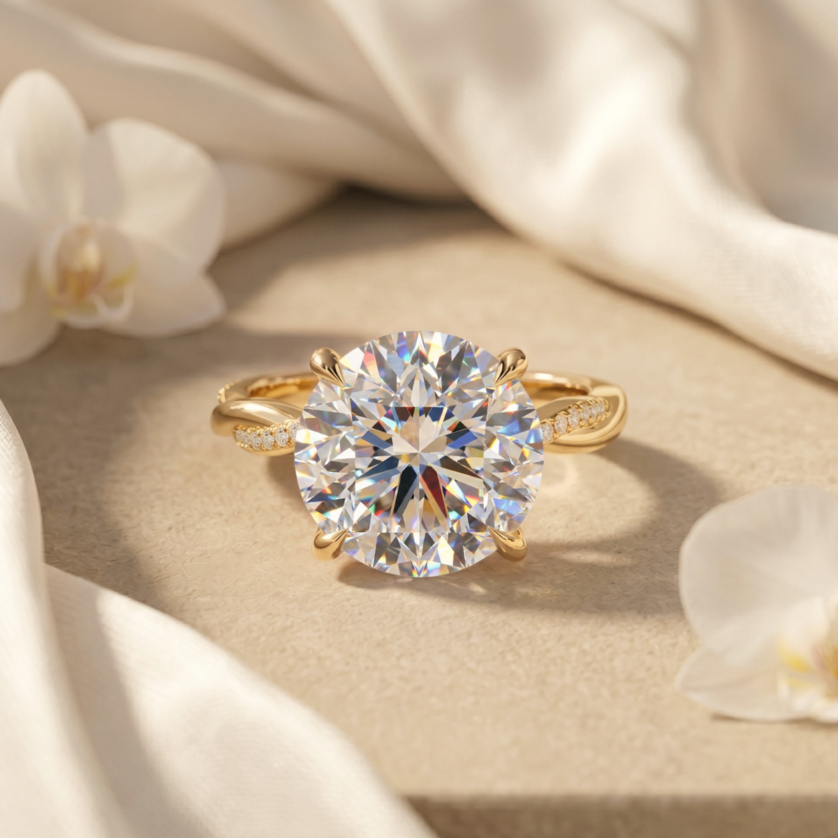 A round-cut moissanite engagement ring featuring a yellow gold twisted band set with accent diamonds on a soft beige background.