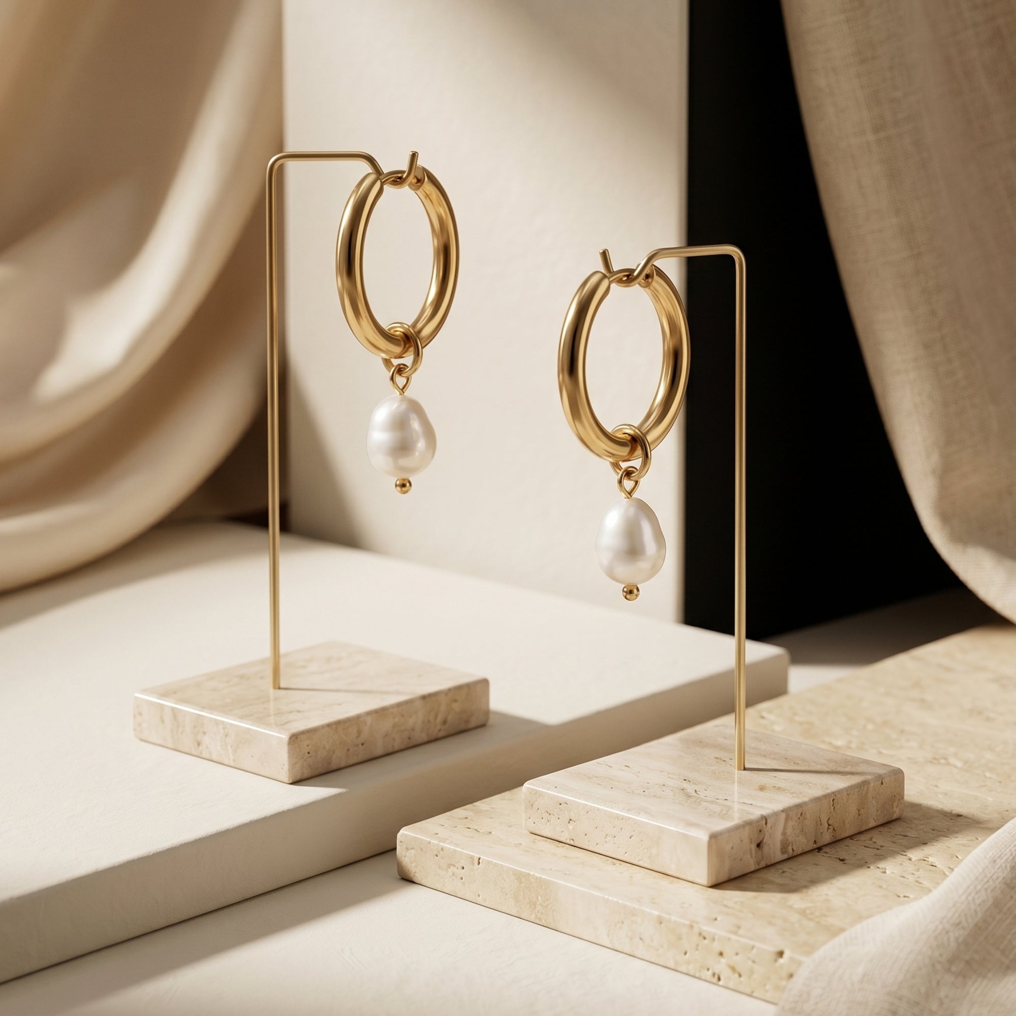 Gold hoop earrings with oval pearls on stone stands.
