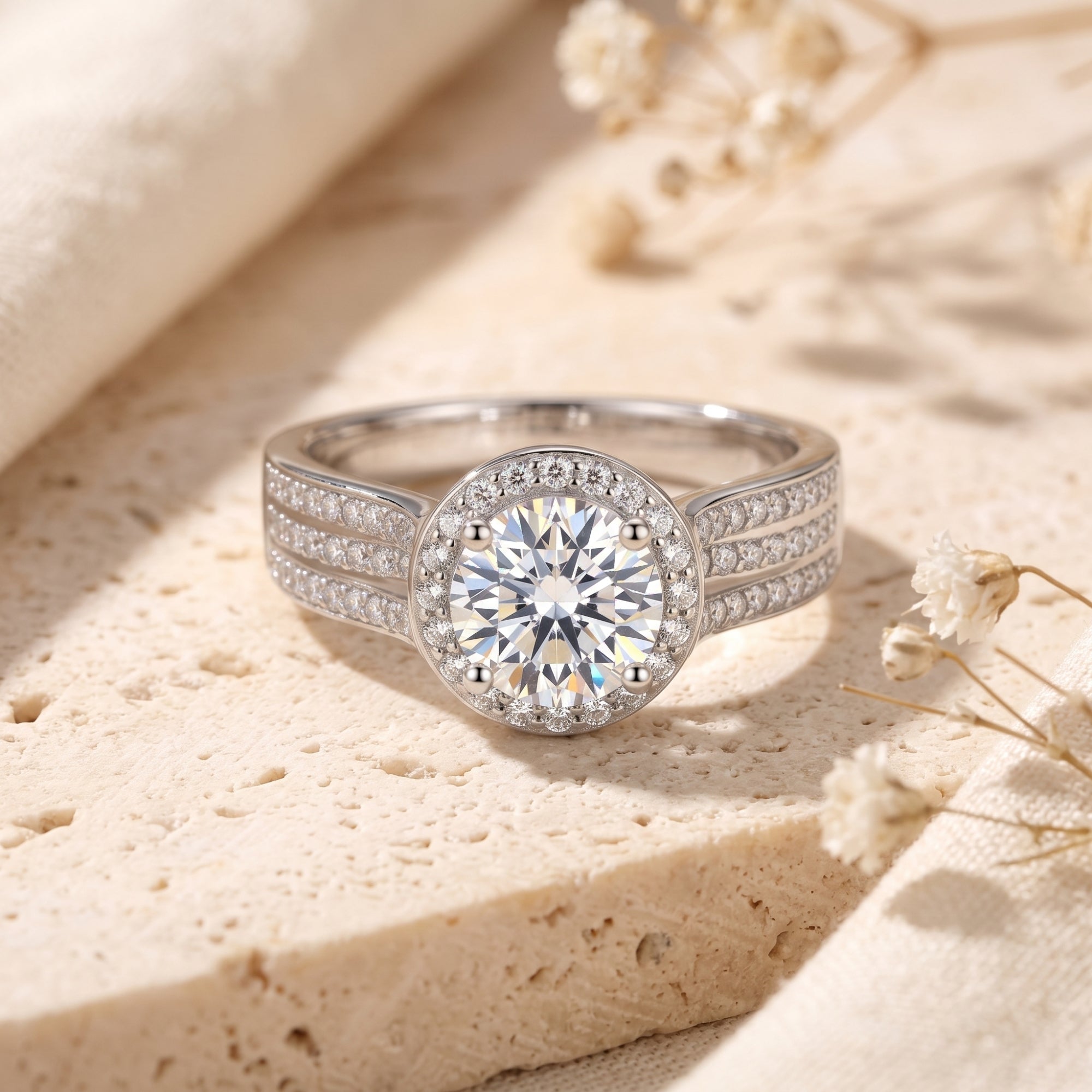 Round simulated diamond halo ring in S925 sterling silver on a stone surface with dried flowers.
