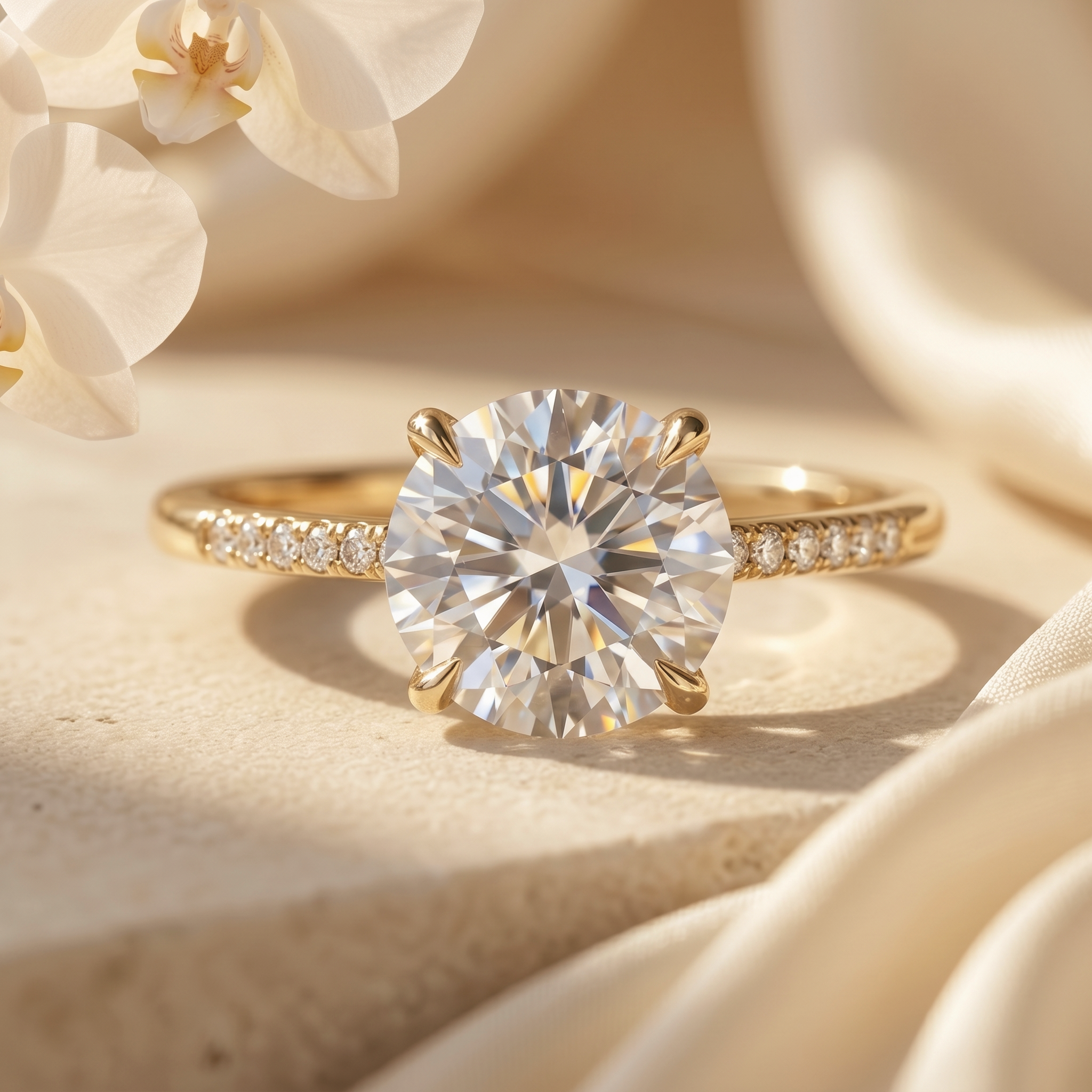 A brilliant round-cut moissanite engagement ring with a yellow gold pavé band on a stone surface.