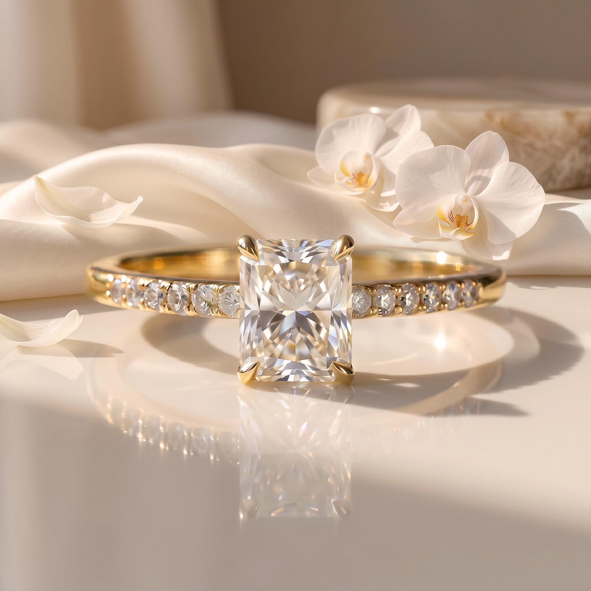 A radiant cut moissanite engagement ring featuring a yellow gold band adorned with sparkling pavé diamonds.