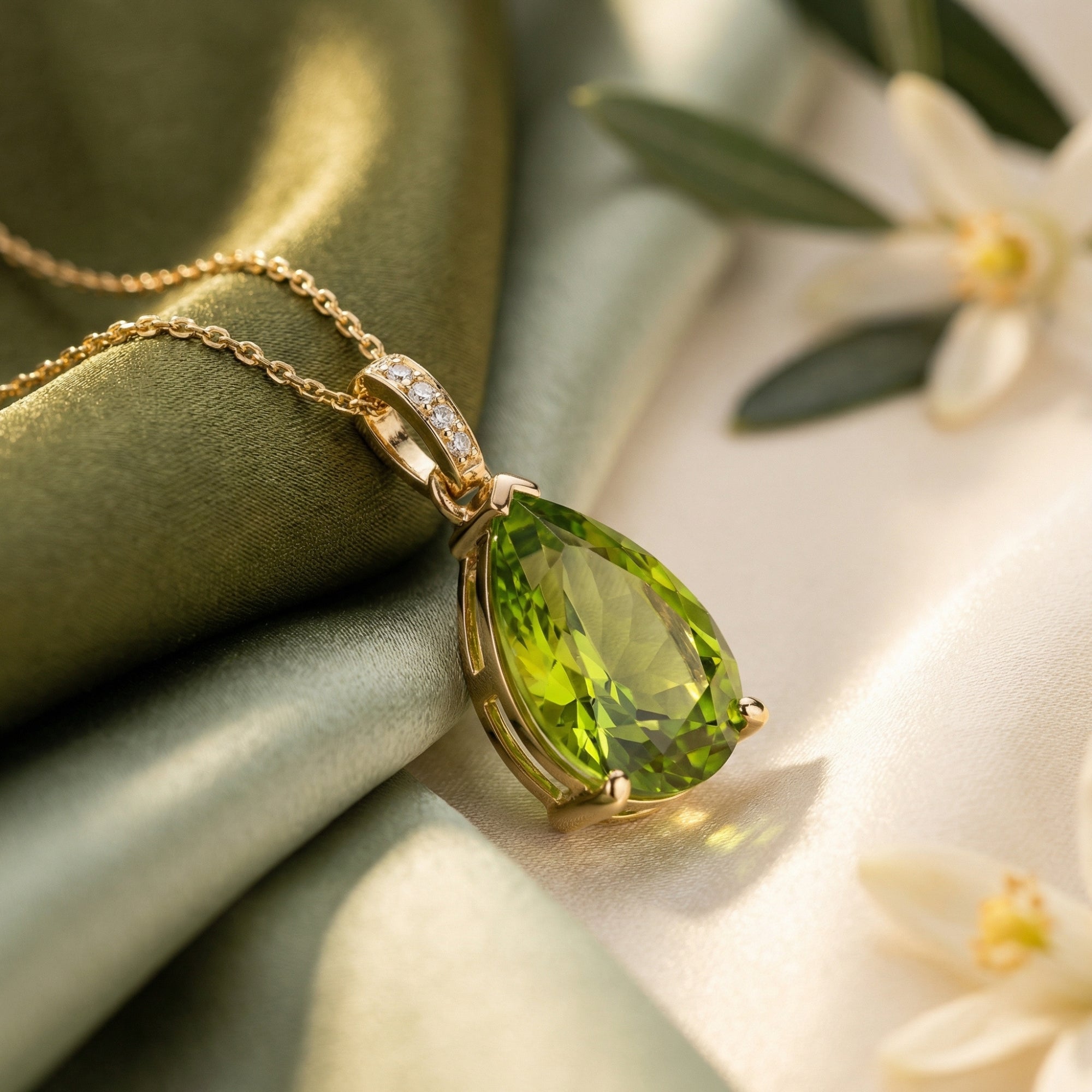 Pear cut natural peridot pendant in 18K solid gold resting on green silk with white floral accents.