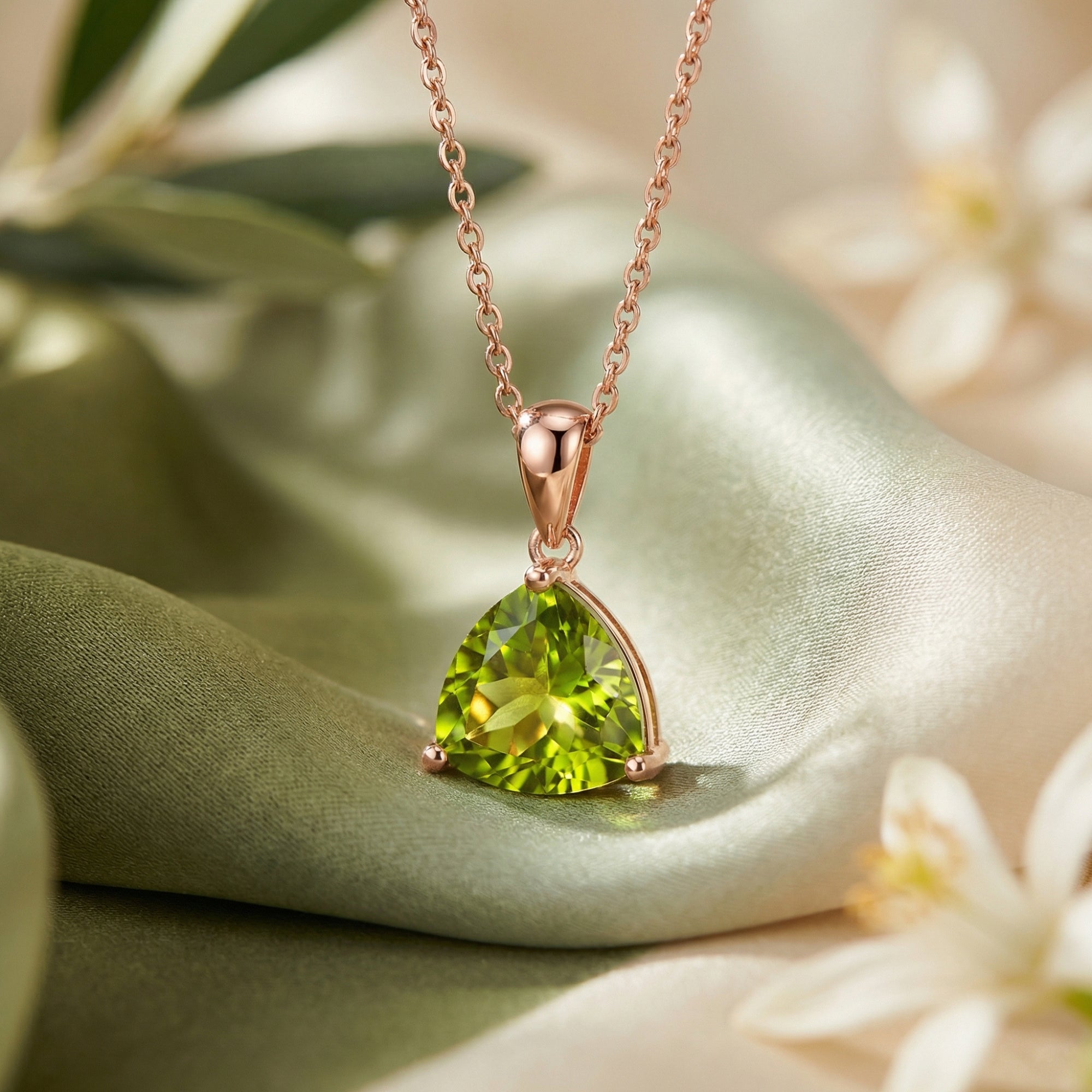 Triangle cut peridot solitaire pendant in 18K rose gold vermeil resting on green silk fabric with white flowers.