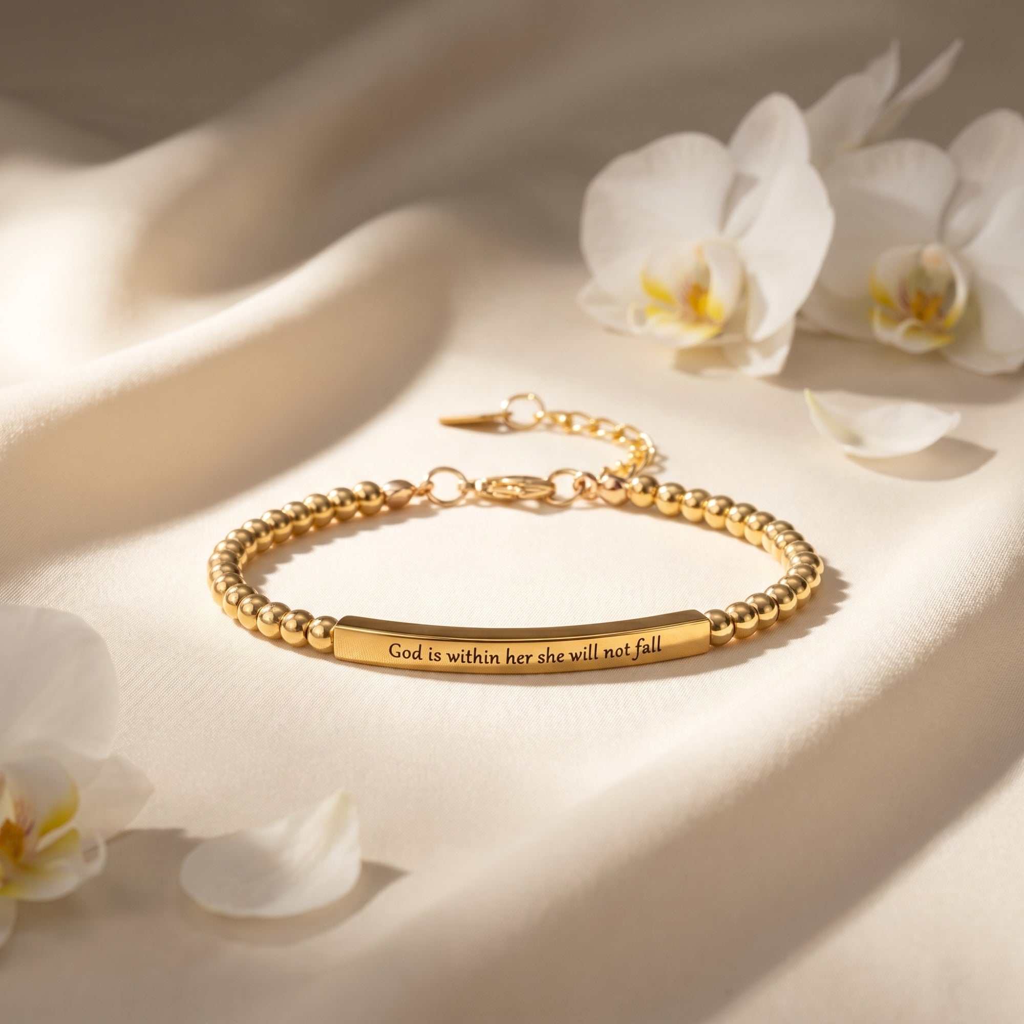 Gold beaded bar bracelet with religious engraving on cream fabric with white orchids.