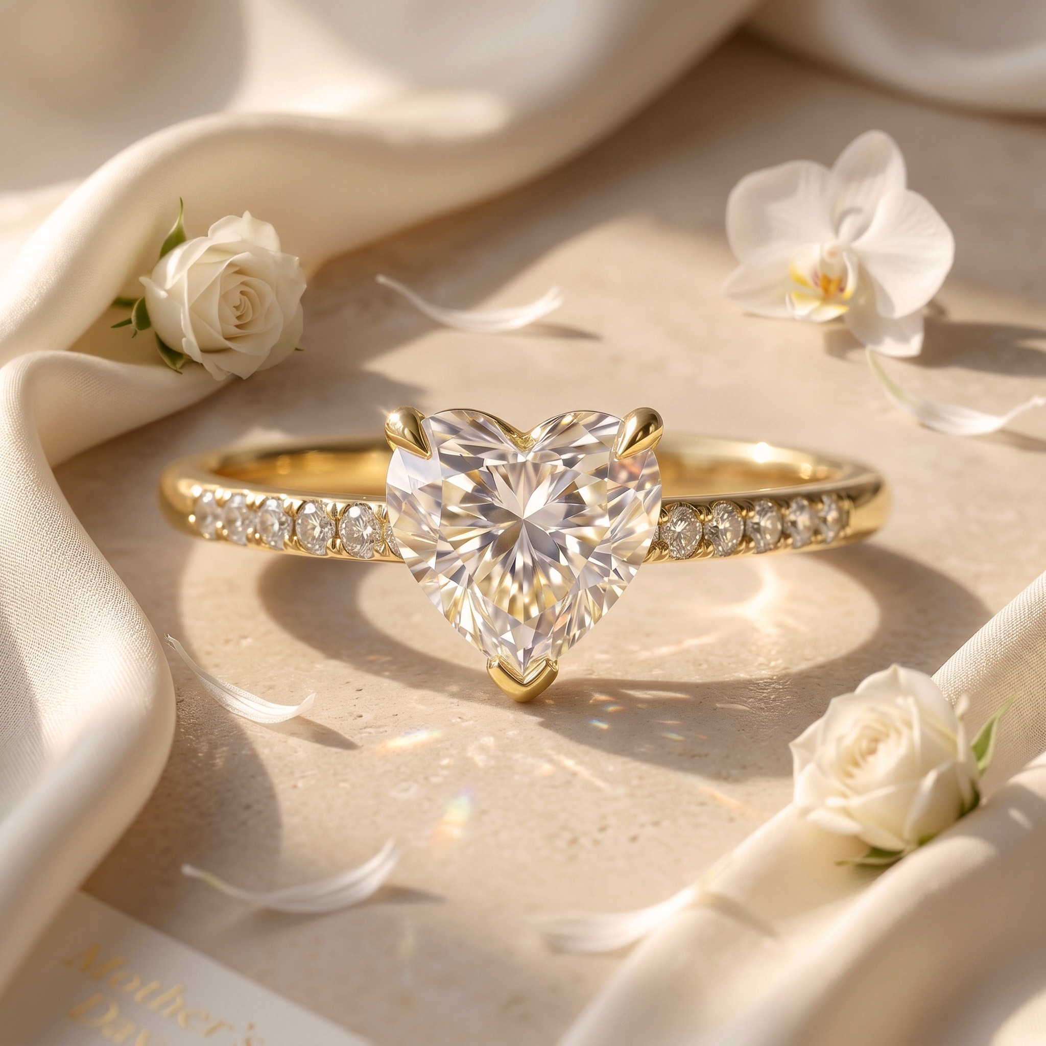 A gold heart-shaped moissanite engagement ring with a pavé-set band displayed on a silk surface.