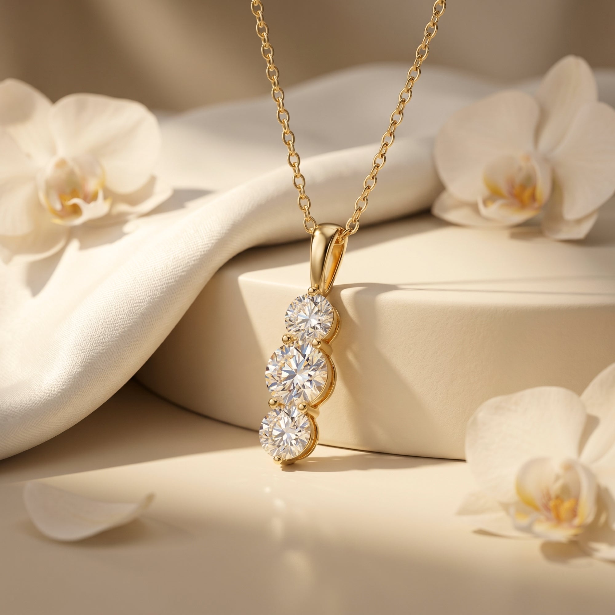 Gold Larisa moissanite necklace with three round stones on a floral lifestyle background.