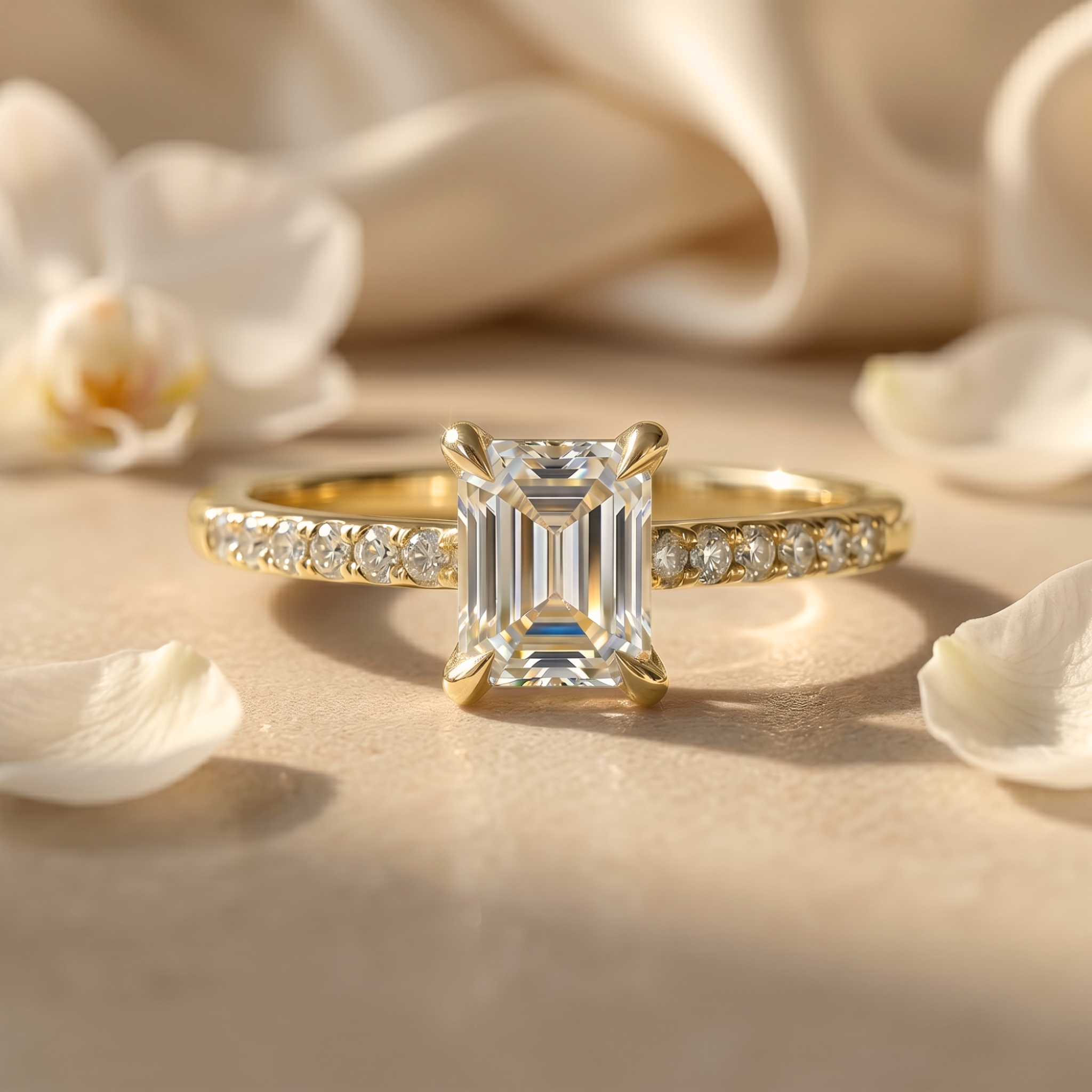 An elegant emerald cut moissanite engagement ring with a yellow gold pave band, displayed on a warm beige surface with delicate white petals.