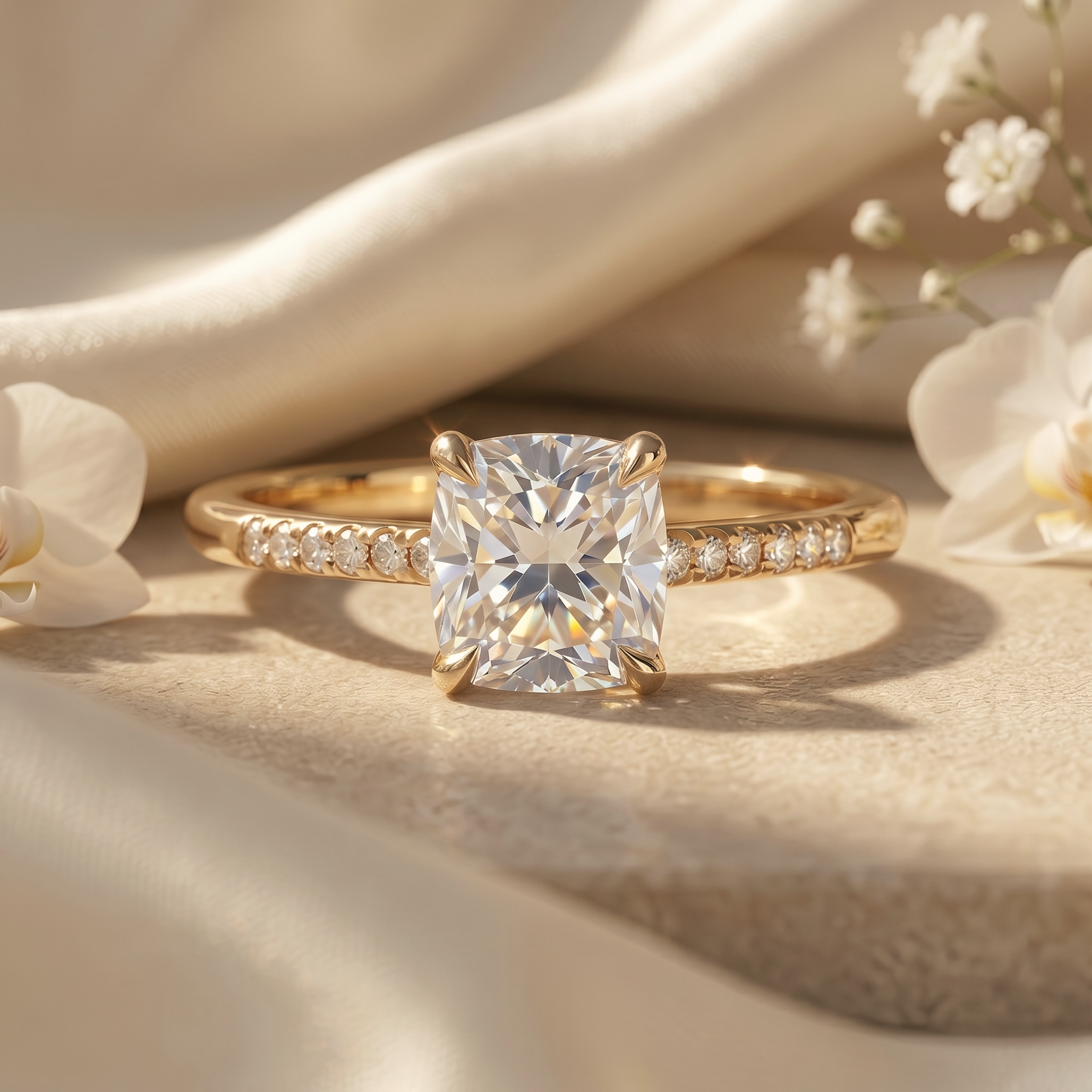 A cushion cut moissanite engagement ring with a diamond pavé band in yellow gold, displayed on a satin background.