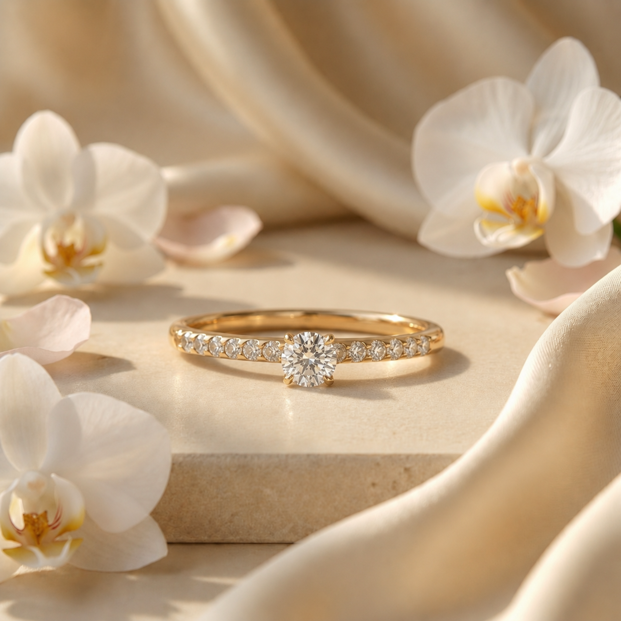 A round-cut moissanite engagement ring with a yellow gold pavé band displayed on a sandstone surface surrounded by white orchids.