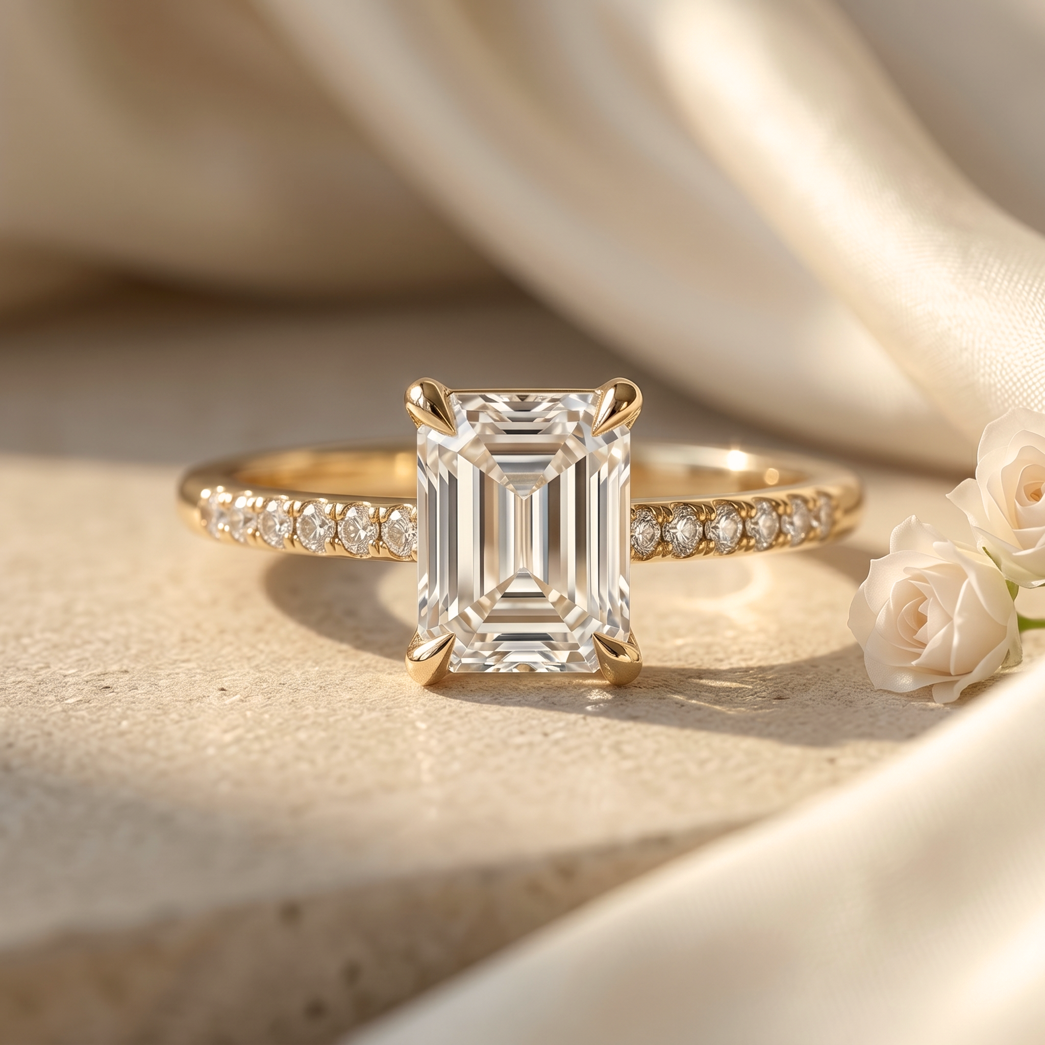 An elegant emerald cut yellow gold moissanite engagement ring with a diamond pave band on a soft neutral background.