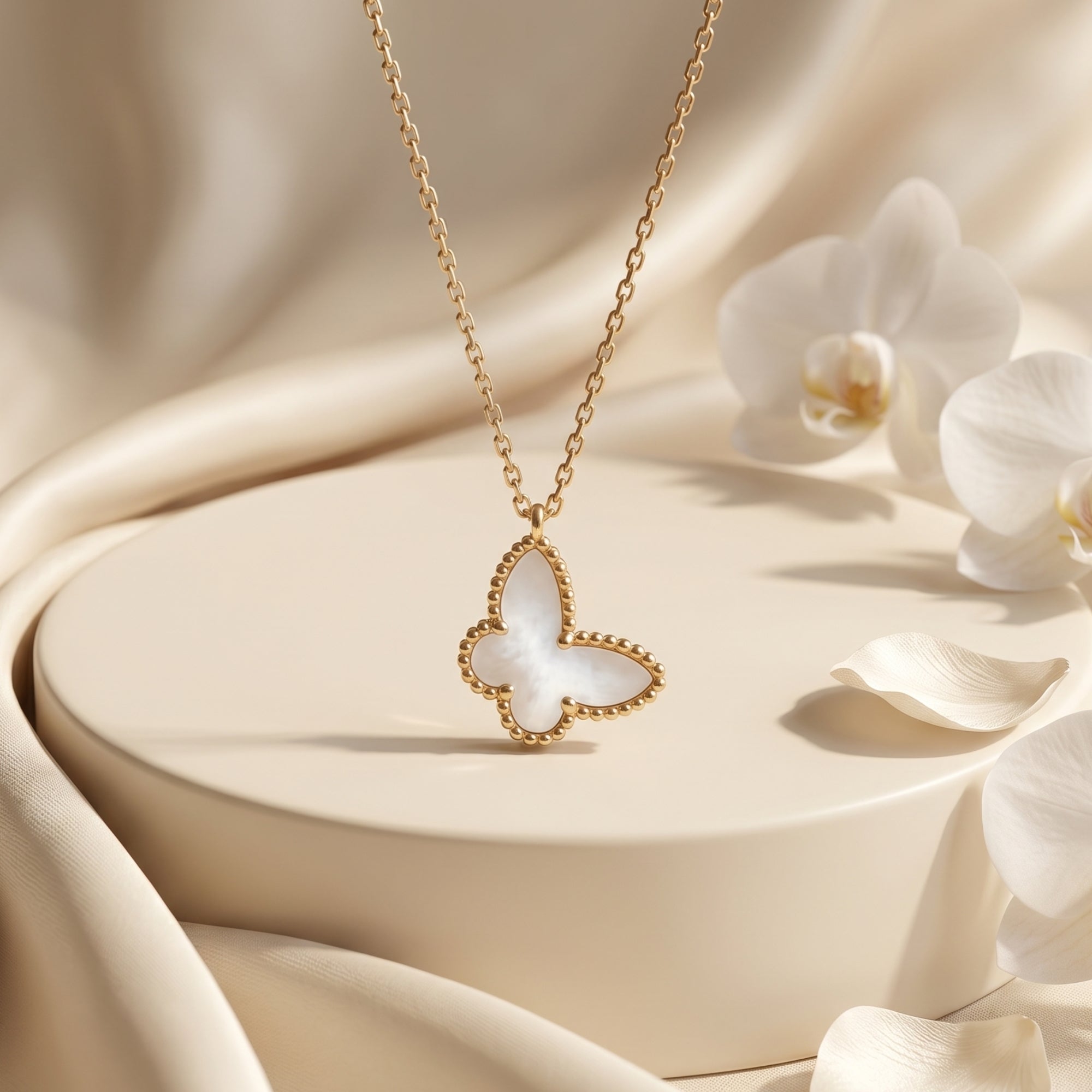 Yellow gold butterfly pendant necklace with mother of pearl inlay on a neutral pedestal with white orchids.