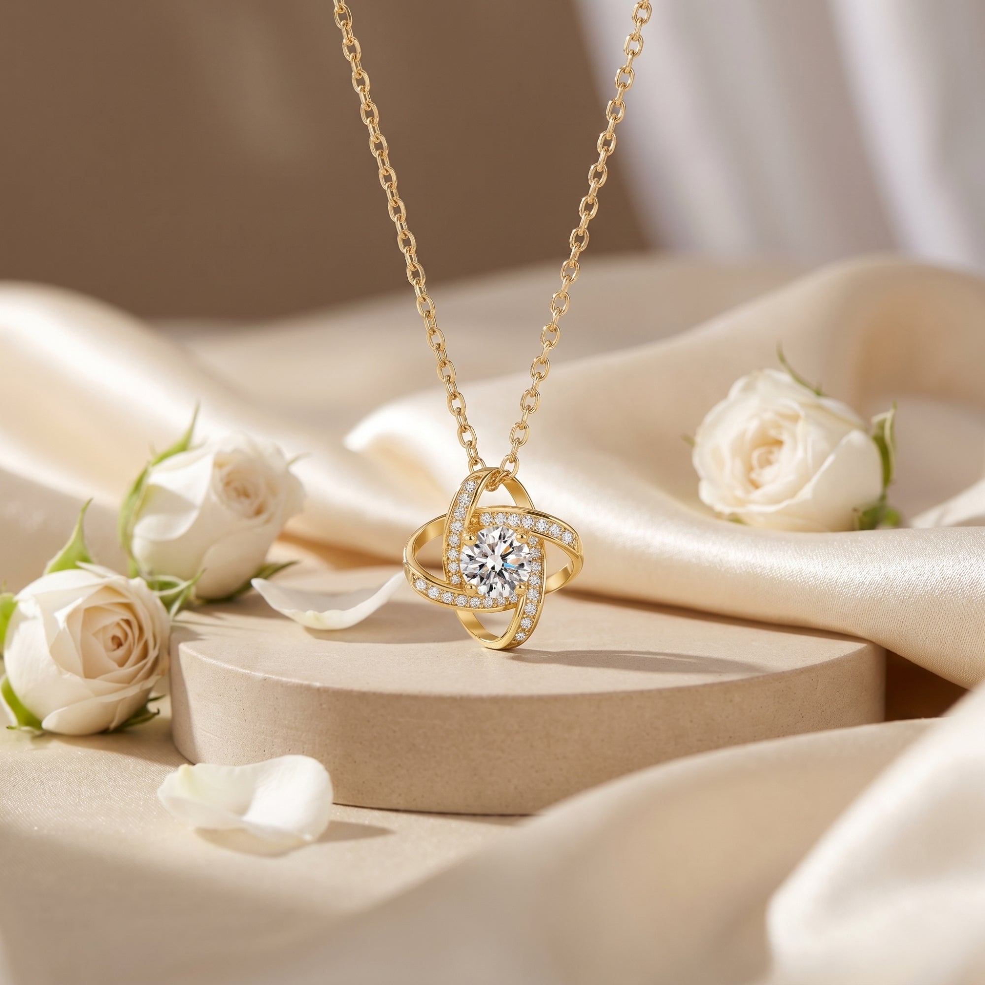 Yellow gold interlocking knot necklace with round moissanite on a stone pedestal with roses.