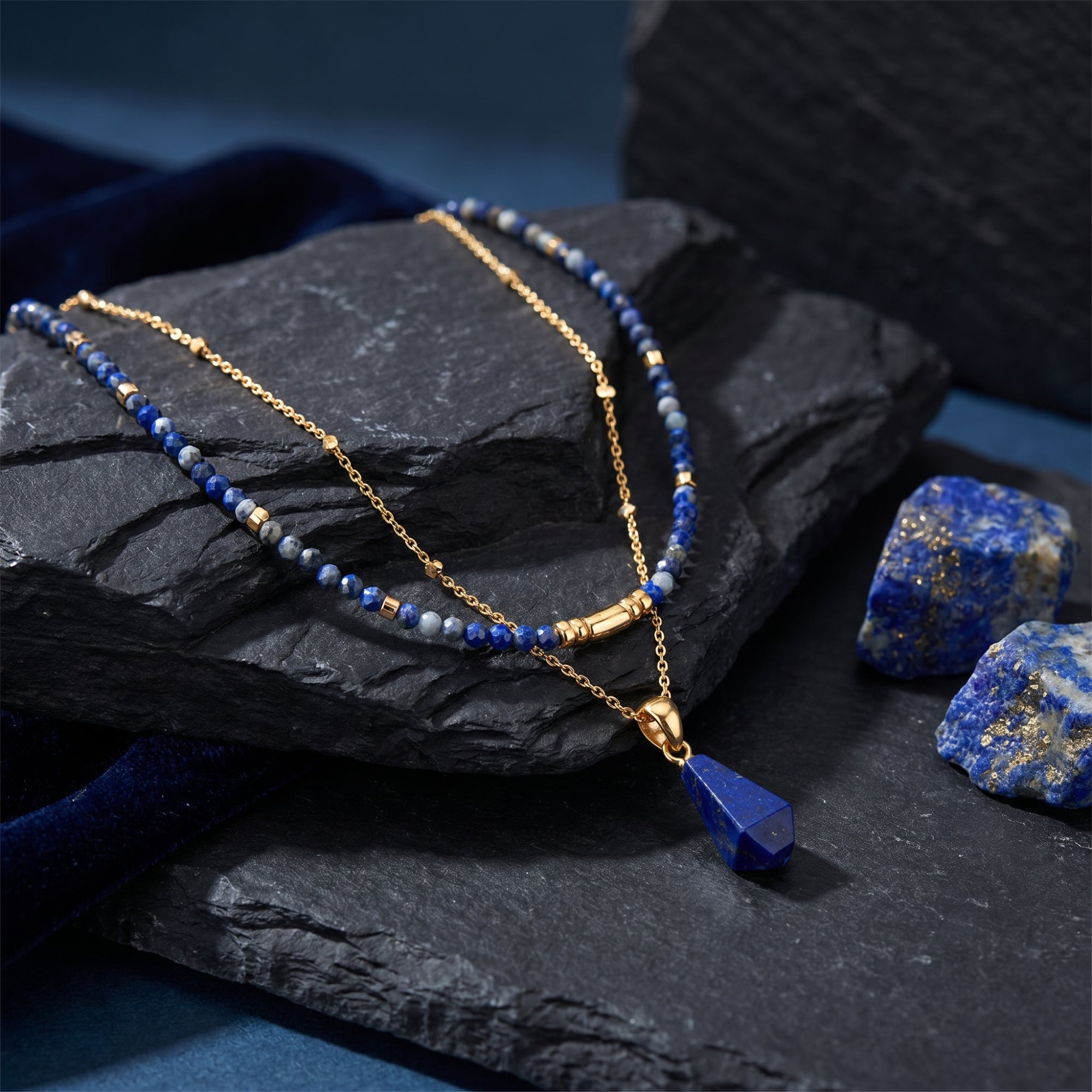 Gold layered necklace with natural lapis beads and an irregular lapis pendant on a dark stone background.