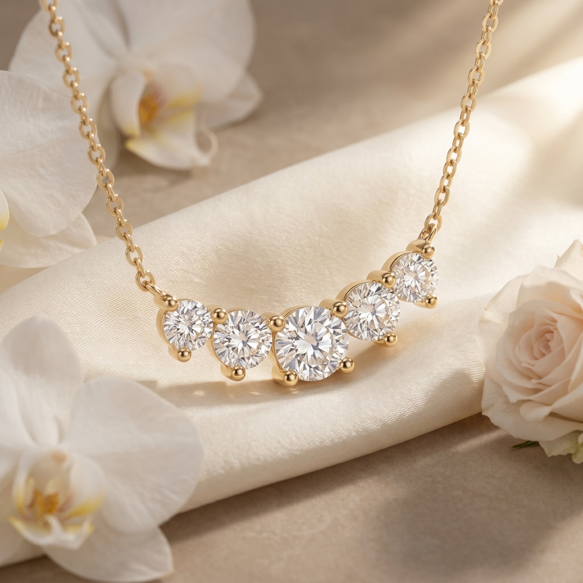 Antonella yellow gold moissanite pendant with five round stones on white silk and flowers.