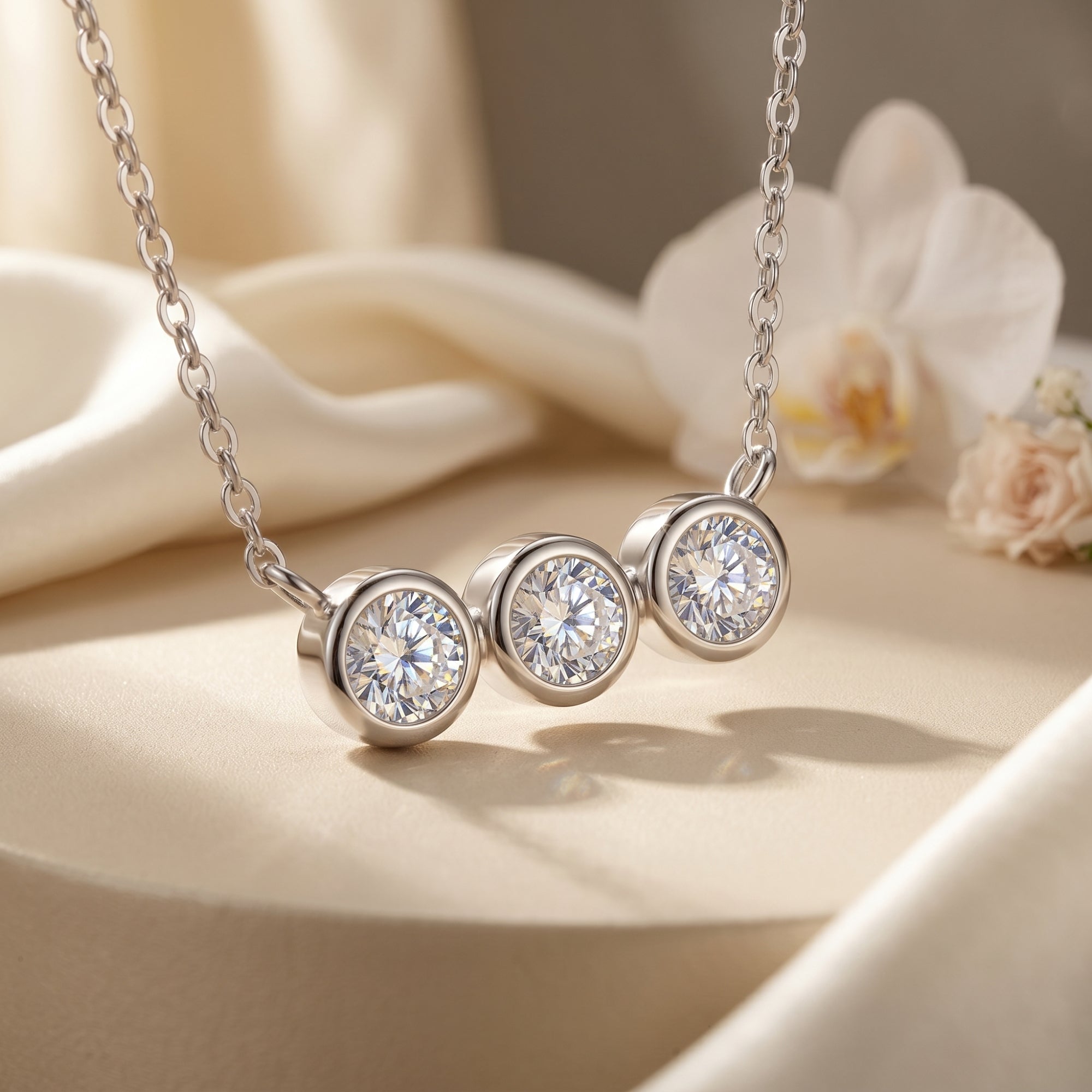 Three-stone moissanite bezel pendant in sterling silver styled with white flowers and silk.