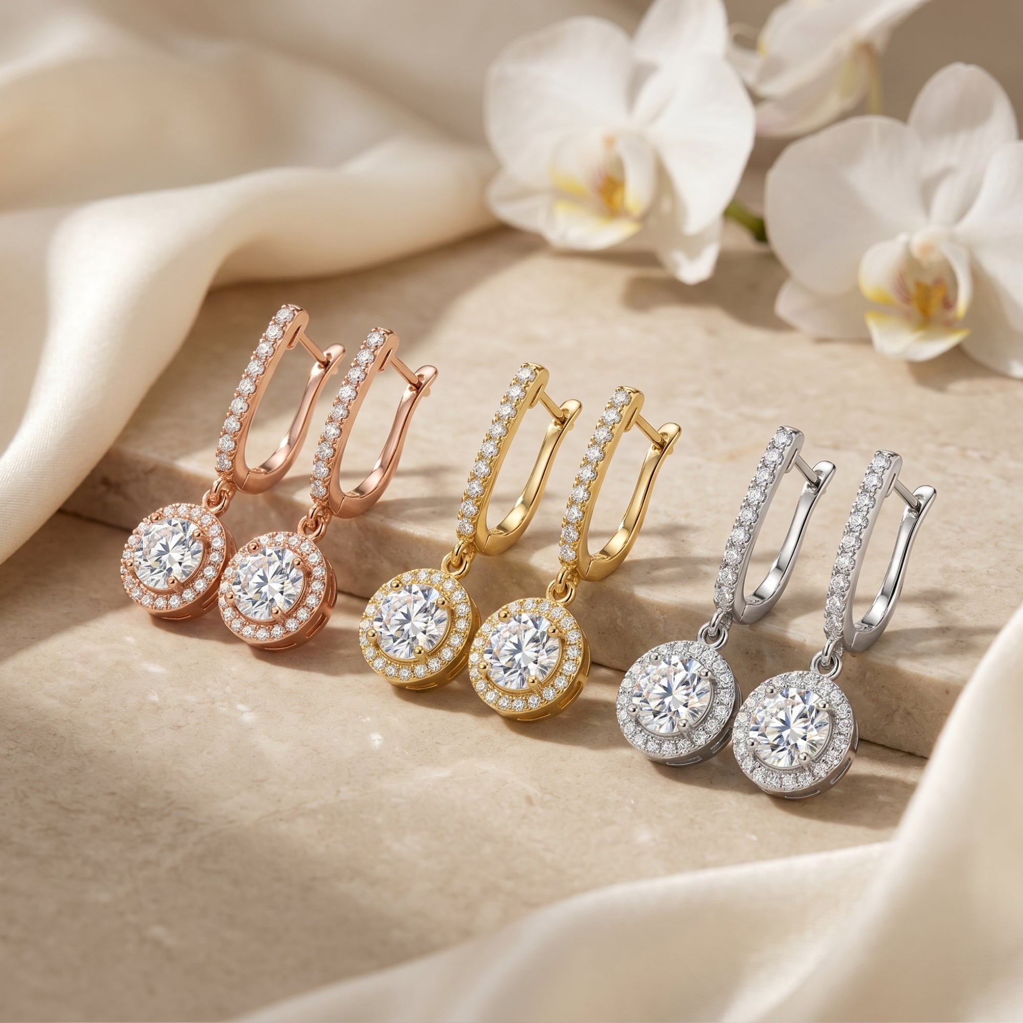 Moissanite drop earrings in rose gold, yellow gold, and silver finishes on a stone surface with flowers.