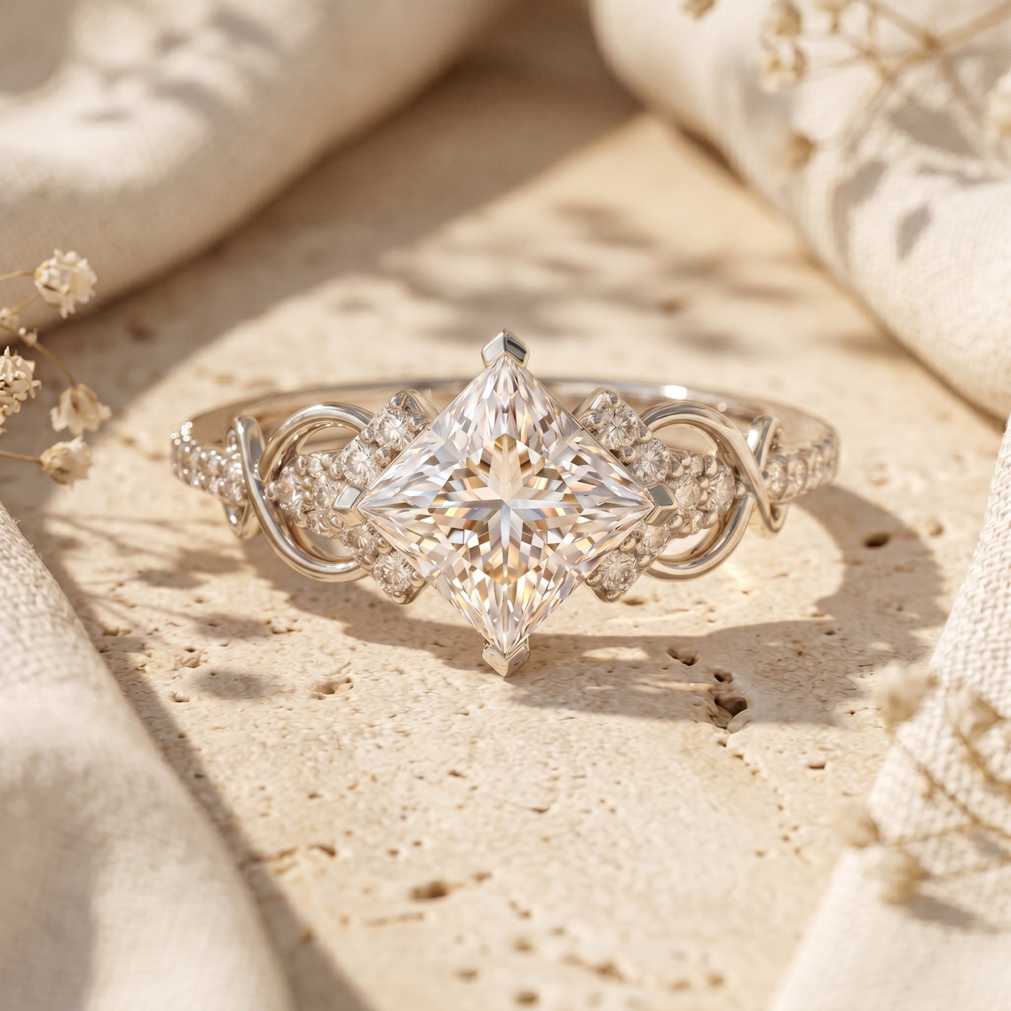 Princess-cut moissanite ring in S925 sterling silver with infinity band details on a lifestyle background.