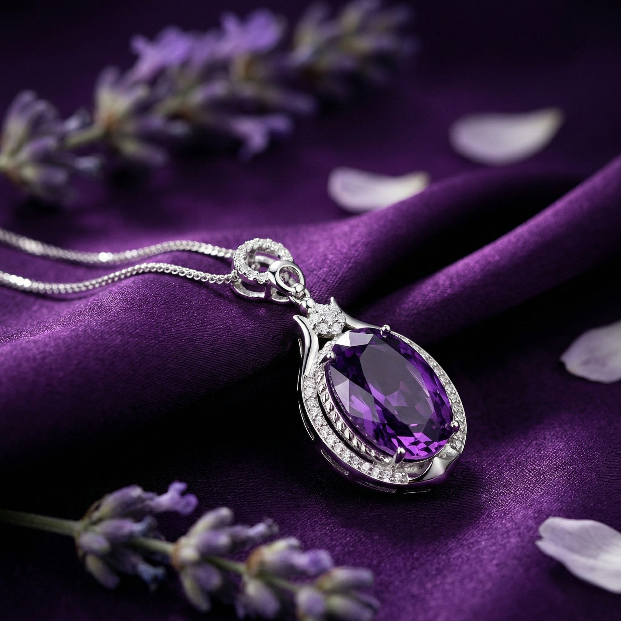 Angled view of an oval cut amethyst pendant in sterling silver on purple silk with lavender sprigs.
