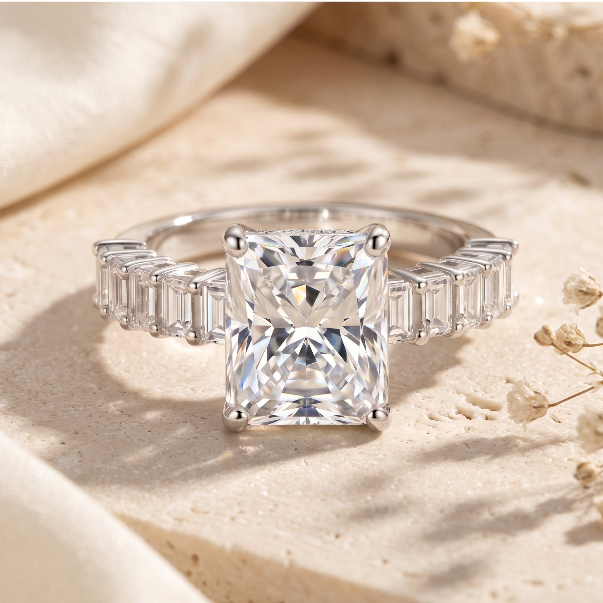 Front view of the radiant cut simulated diamond ring in sterling silver on a stone surface with dried flowers.