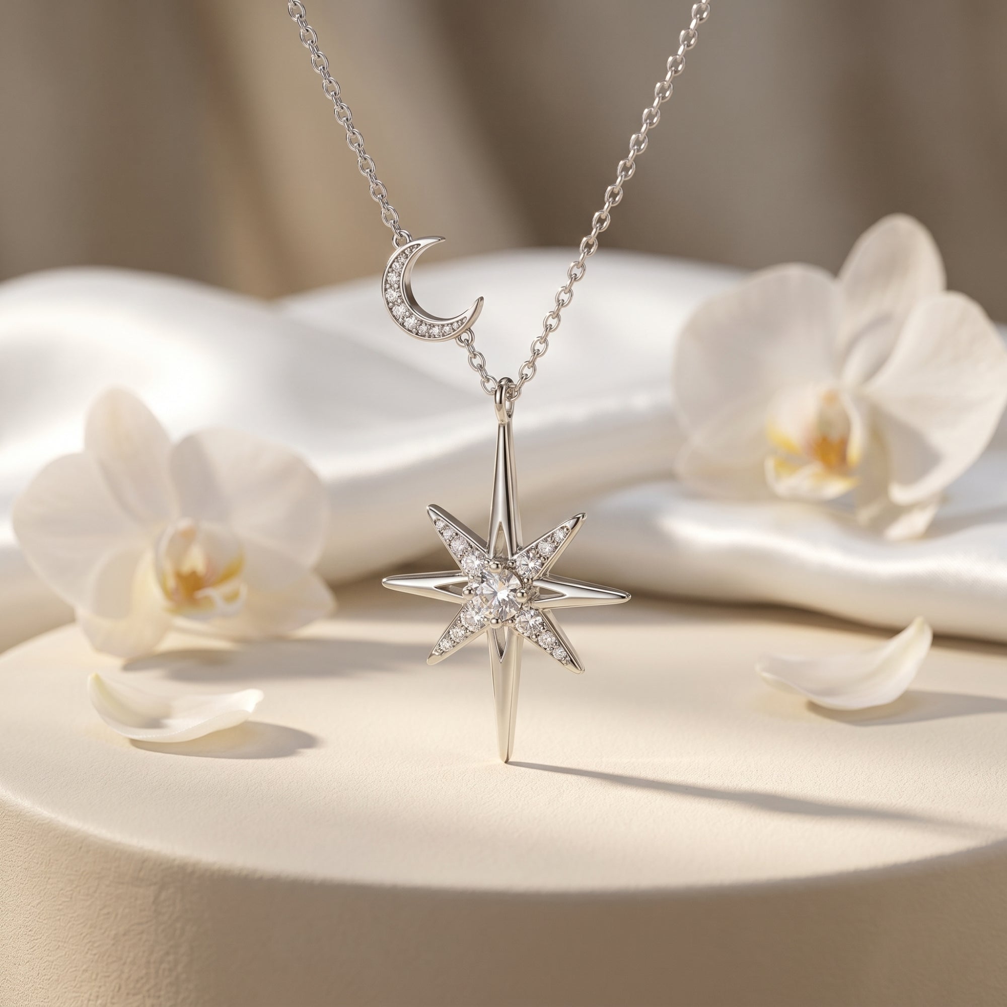 Silver starburst and crescent moon pendant necklace with round moissanite on a pedestal with white orchids.
