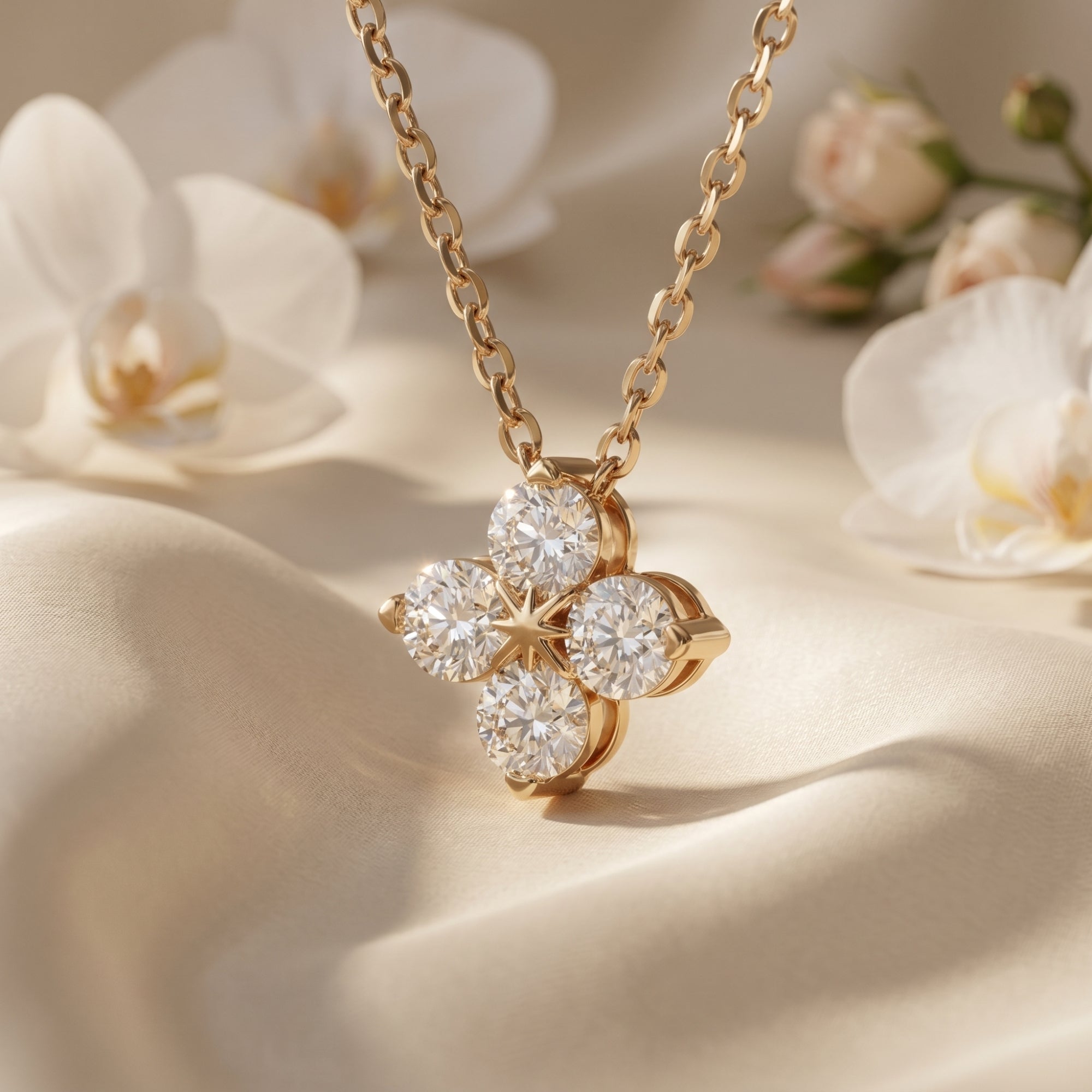 Gold moissanite flower pendant necklace on silk fabric with white floral accents.